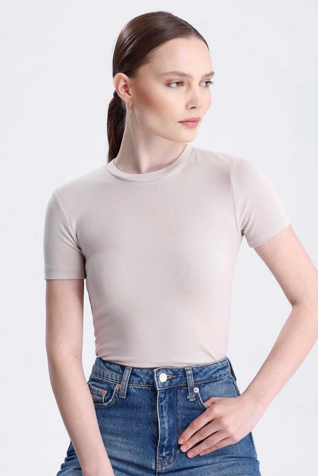 Bisiklet Yaka Kısa Kollu Modal Body - Bej