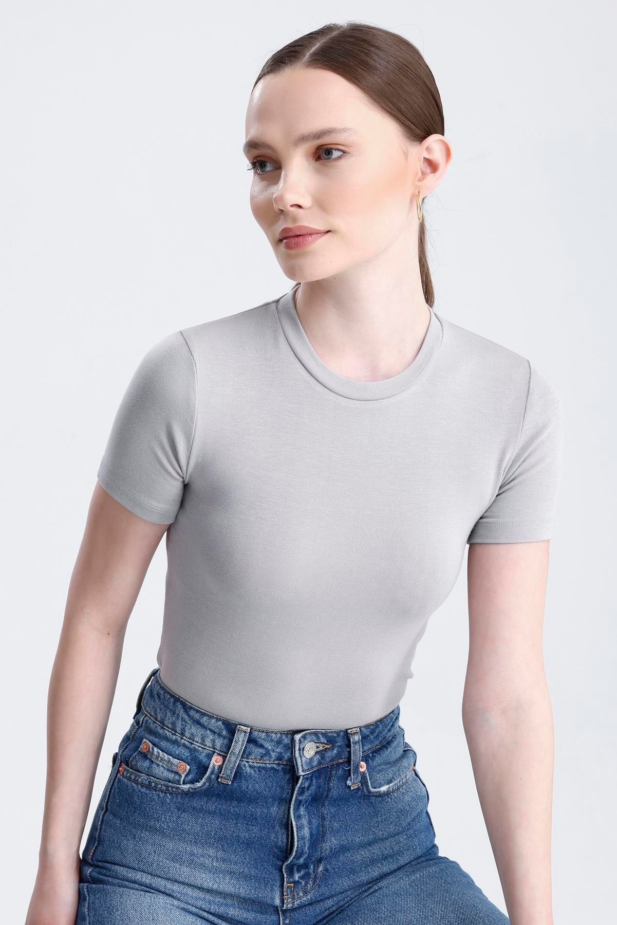 Bisiklet Yaka Kısa Kollu Modal Body - Gri