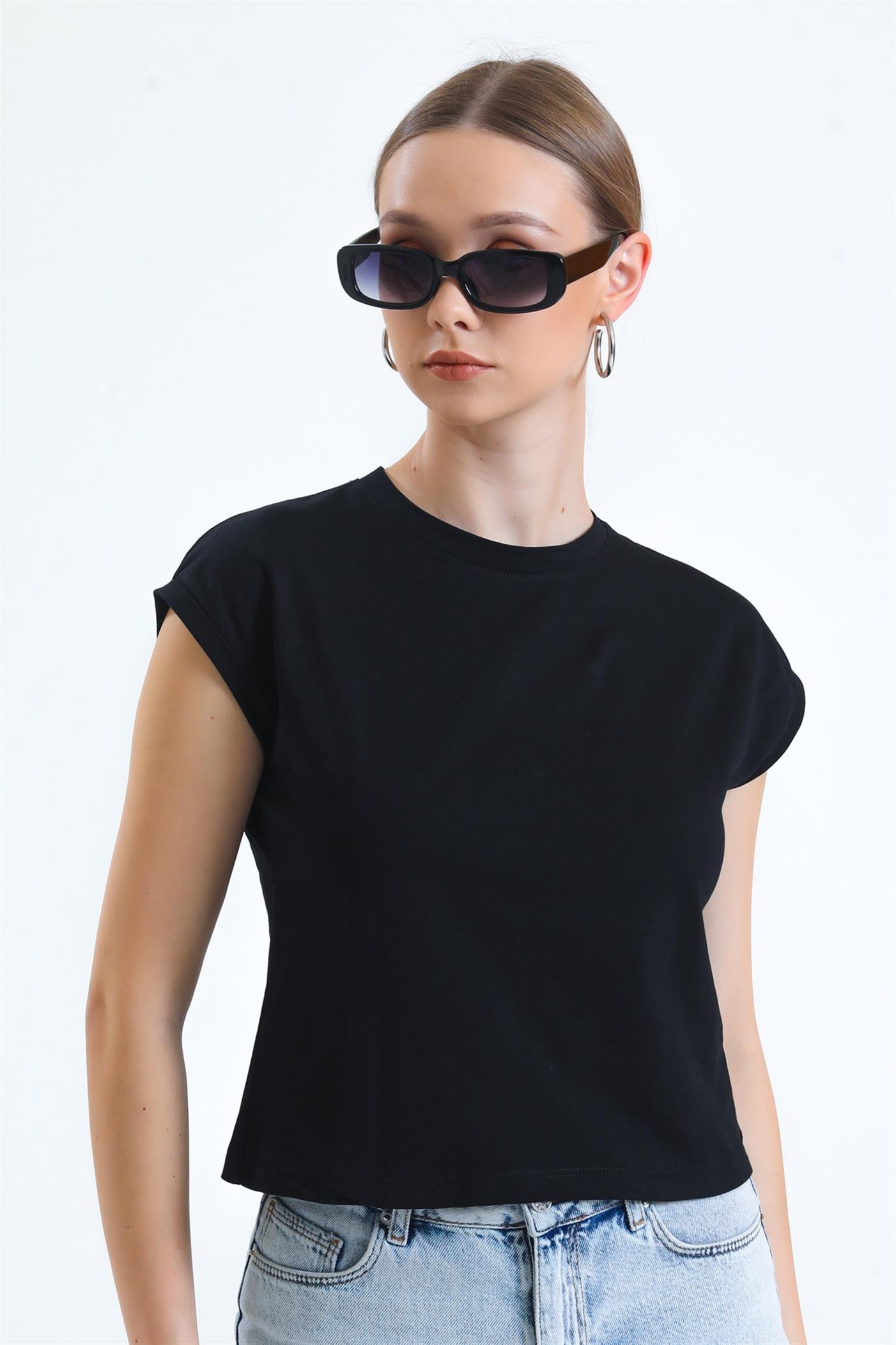 Bisiklet Yaka Yarasa Kollu Basic Crop Tişört - Siyah