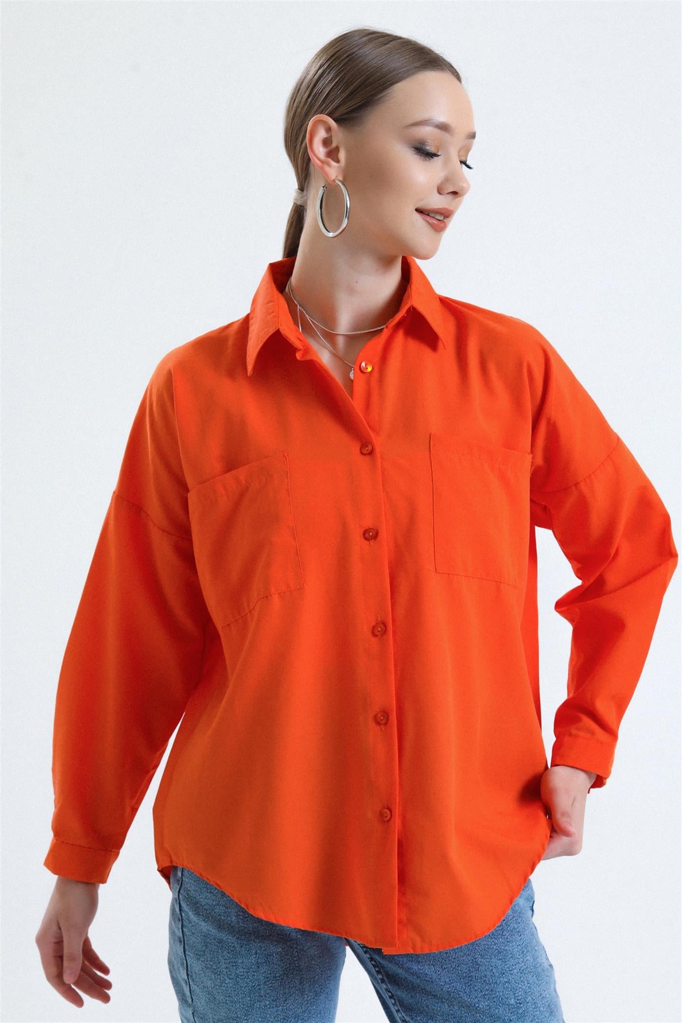 Çift Cepli Basic Oversize Poplin Gömlek - Turuncu