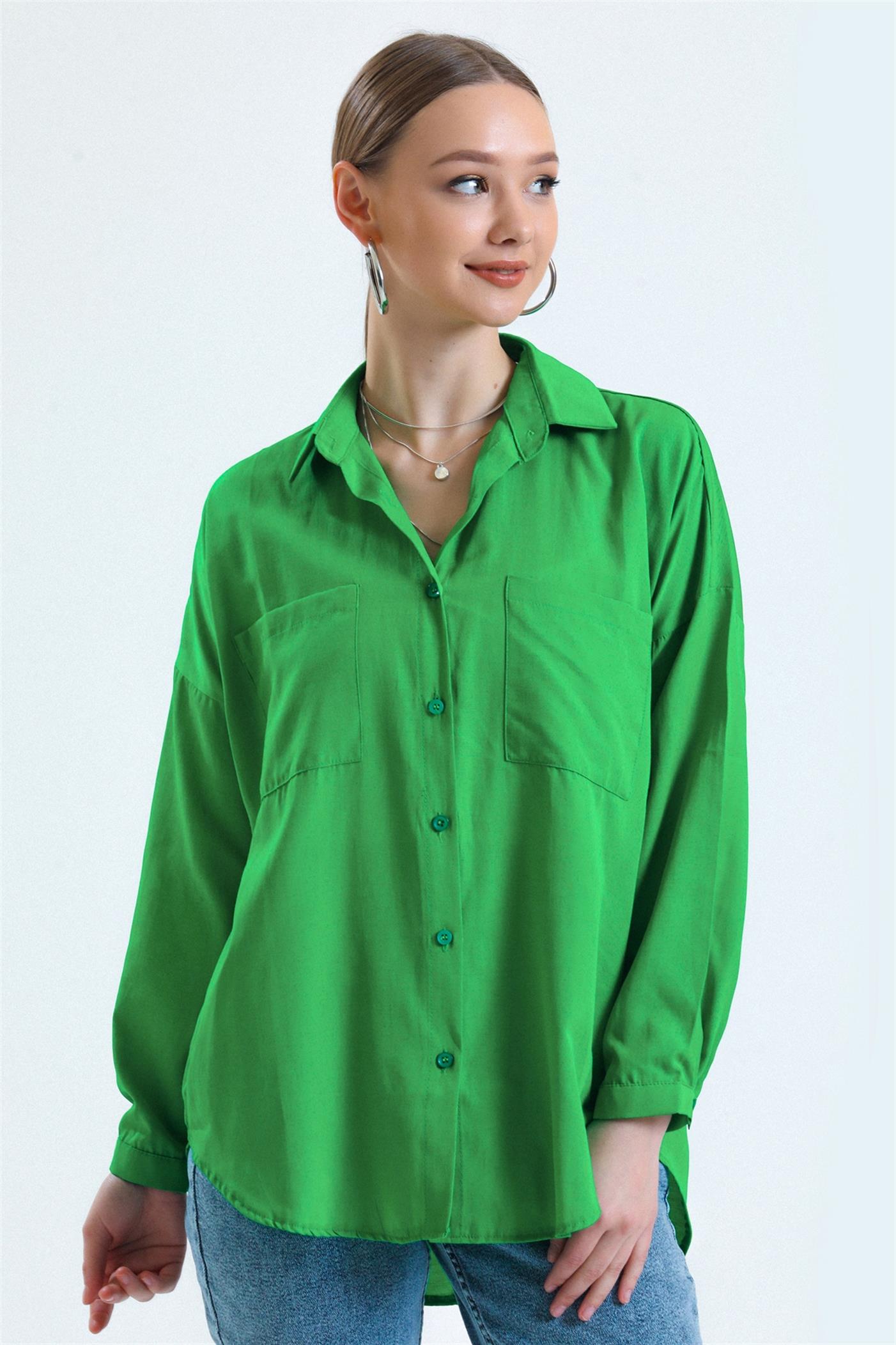 Çift Cepli Basic Oversize Poplin Gömlek - Yeşil