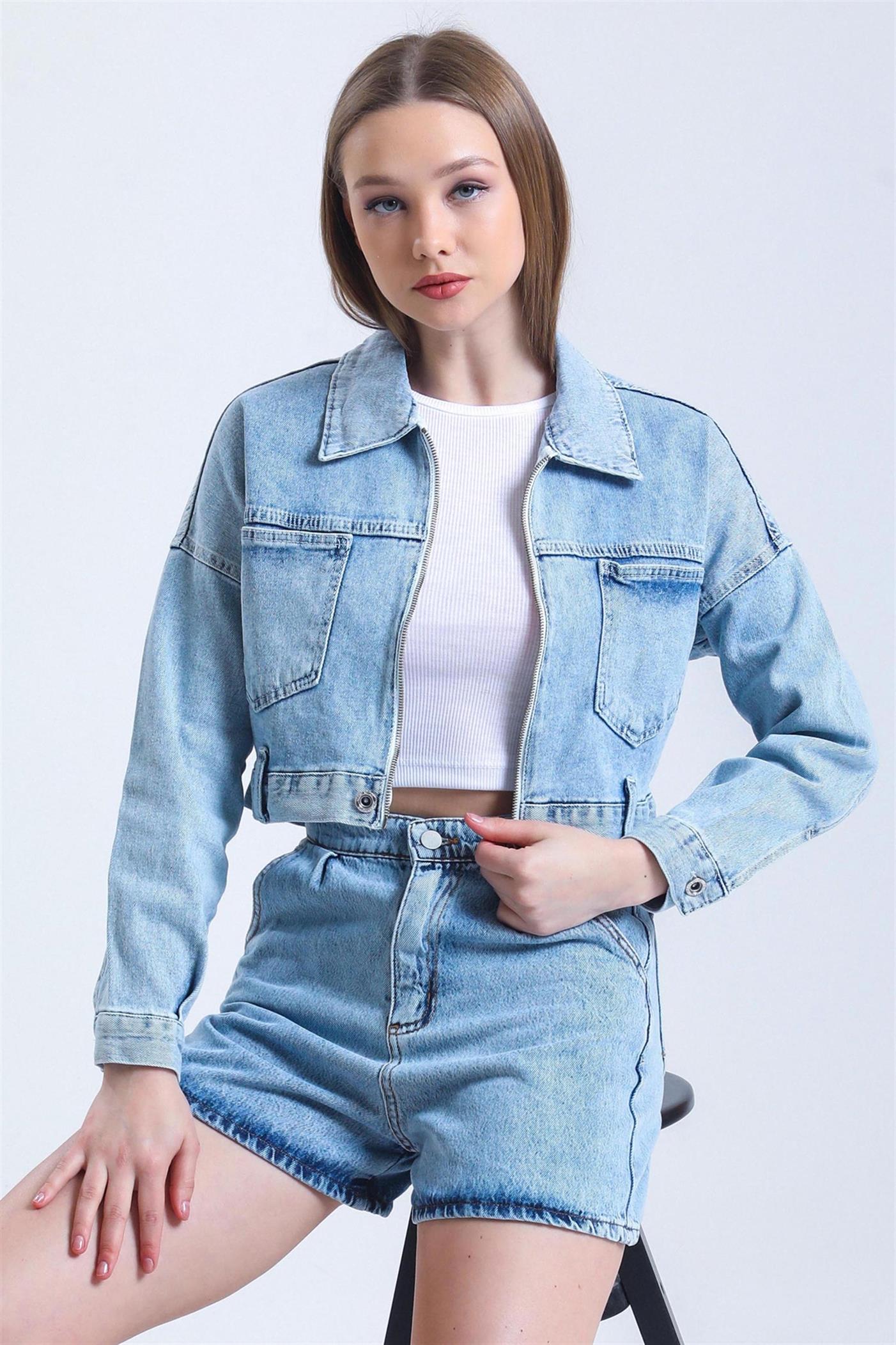 Çift Cepli Fermuarlı Crop Denim Ceket - Mavi