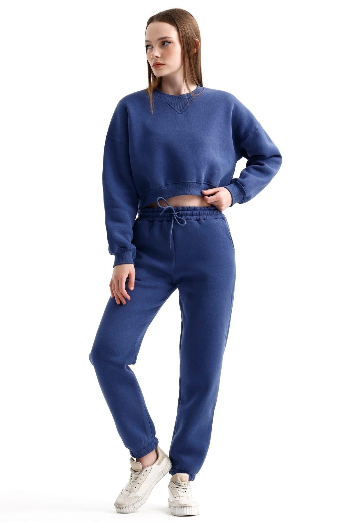 Crop Sweatshirt Ve Yüksek Bel Eşofman İçi Polarlı Üç İplik Takım - İndigo