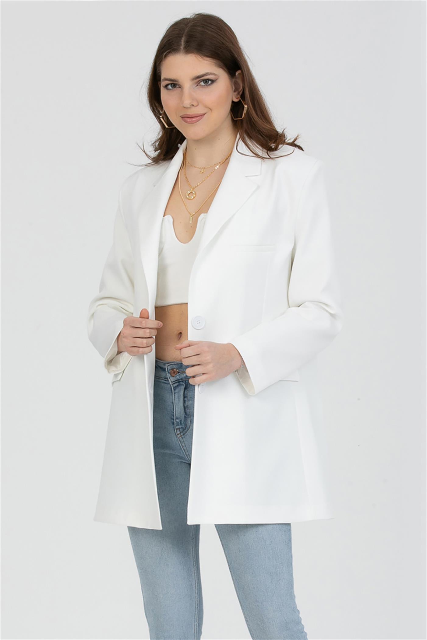 Düğmeli Klasik Blazer Ceket - Ekru