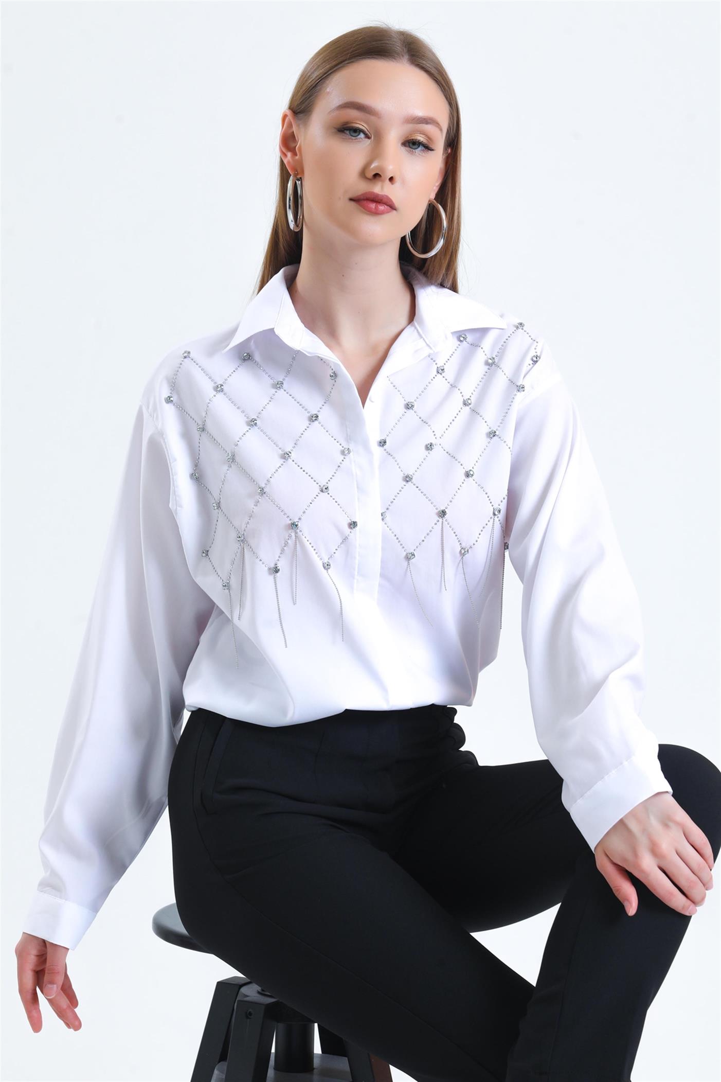 Elmas Taş İşlemeli Gizli Patlı Oversize Poplin Gömlek - Beyaz