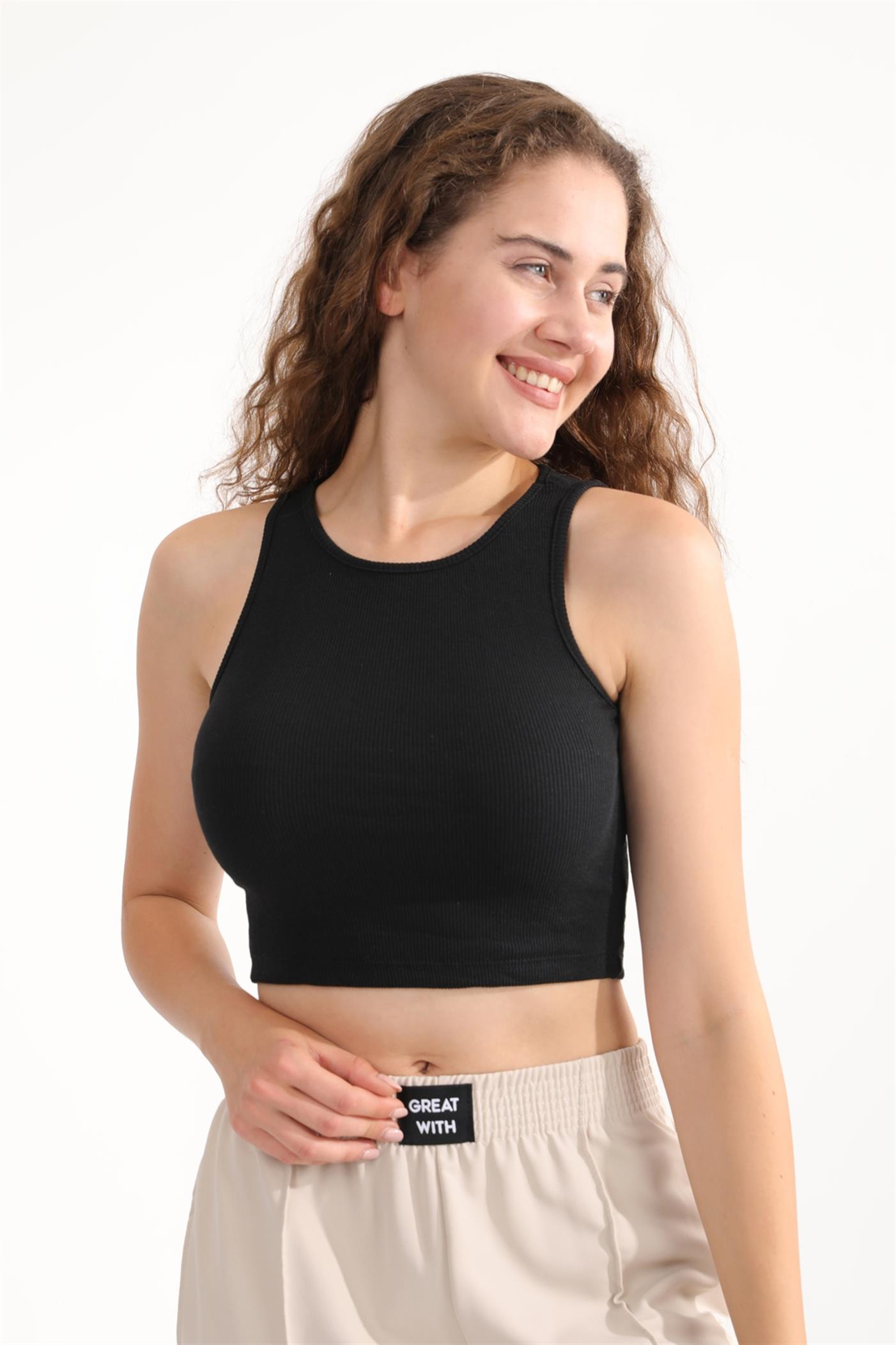 Fitilli Askılı Crop Örme Atlet - Siyah