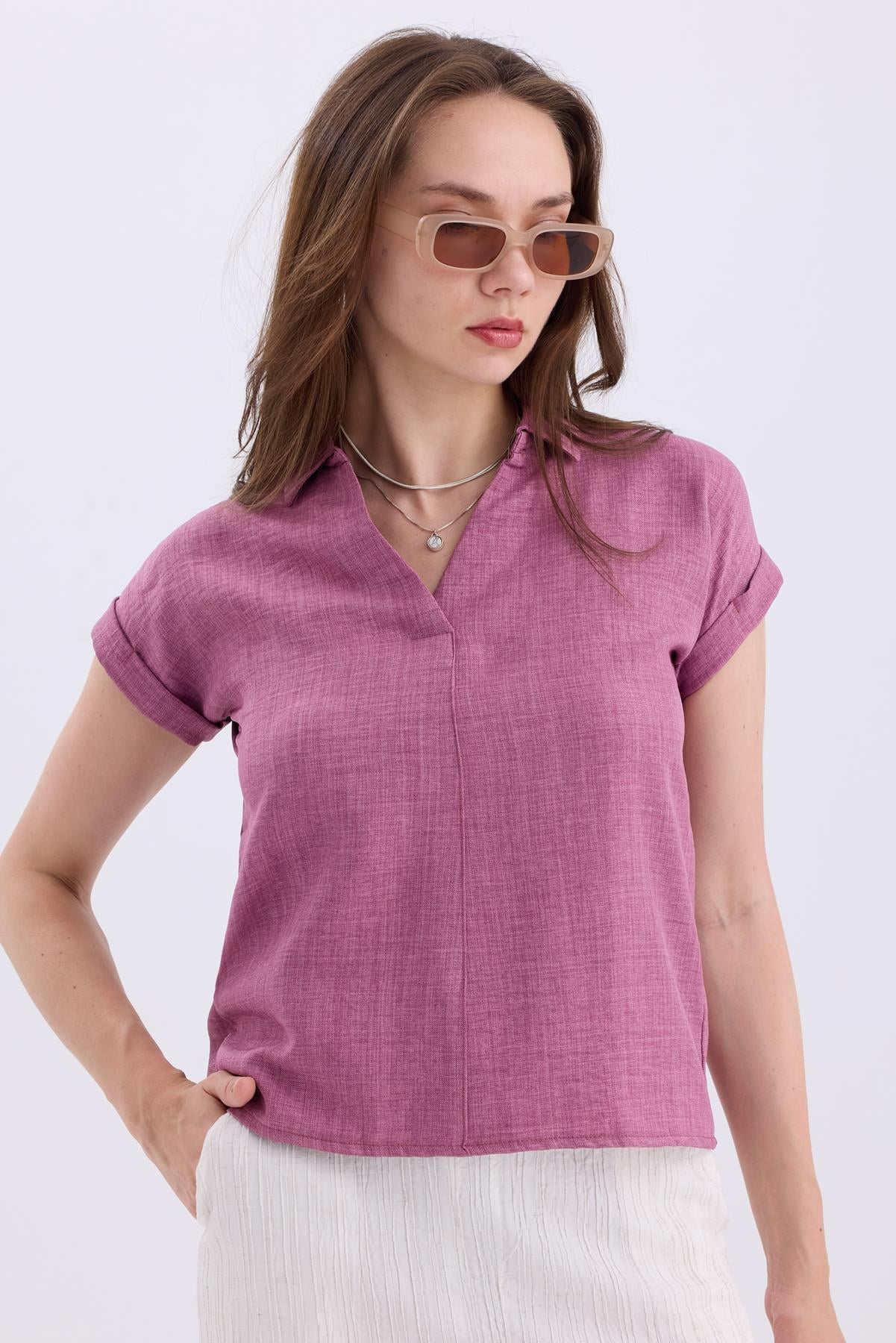 Gömlek V Yaka Duble Kol Kısa Kollu Keten Bluz - Gül Kurusu