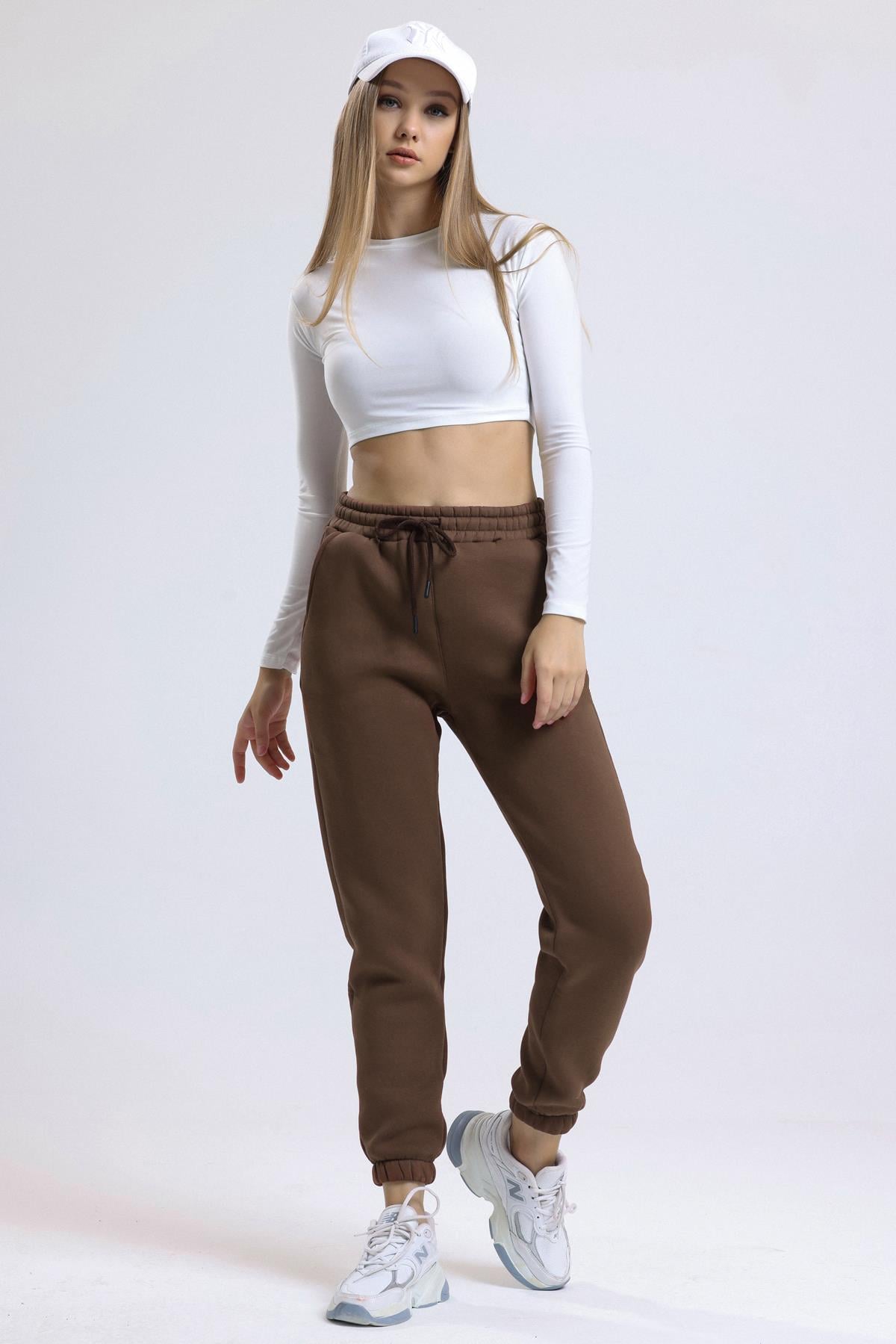 İçi Polarlı Üç İplik Jogger Eşofman - Kahve