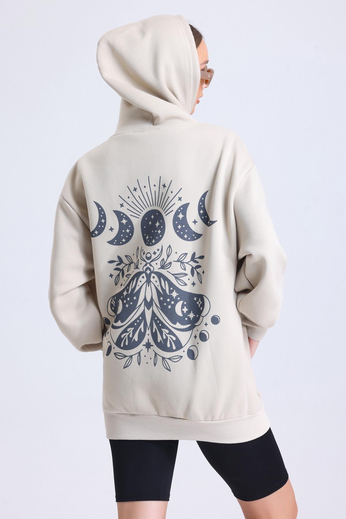 Kadın İçi Polarlı Baskılı Kapüşonlu Kanguru Cepli Oversize Sweatshirt - Bej