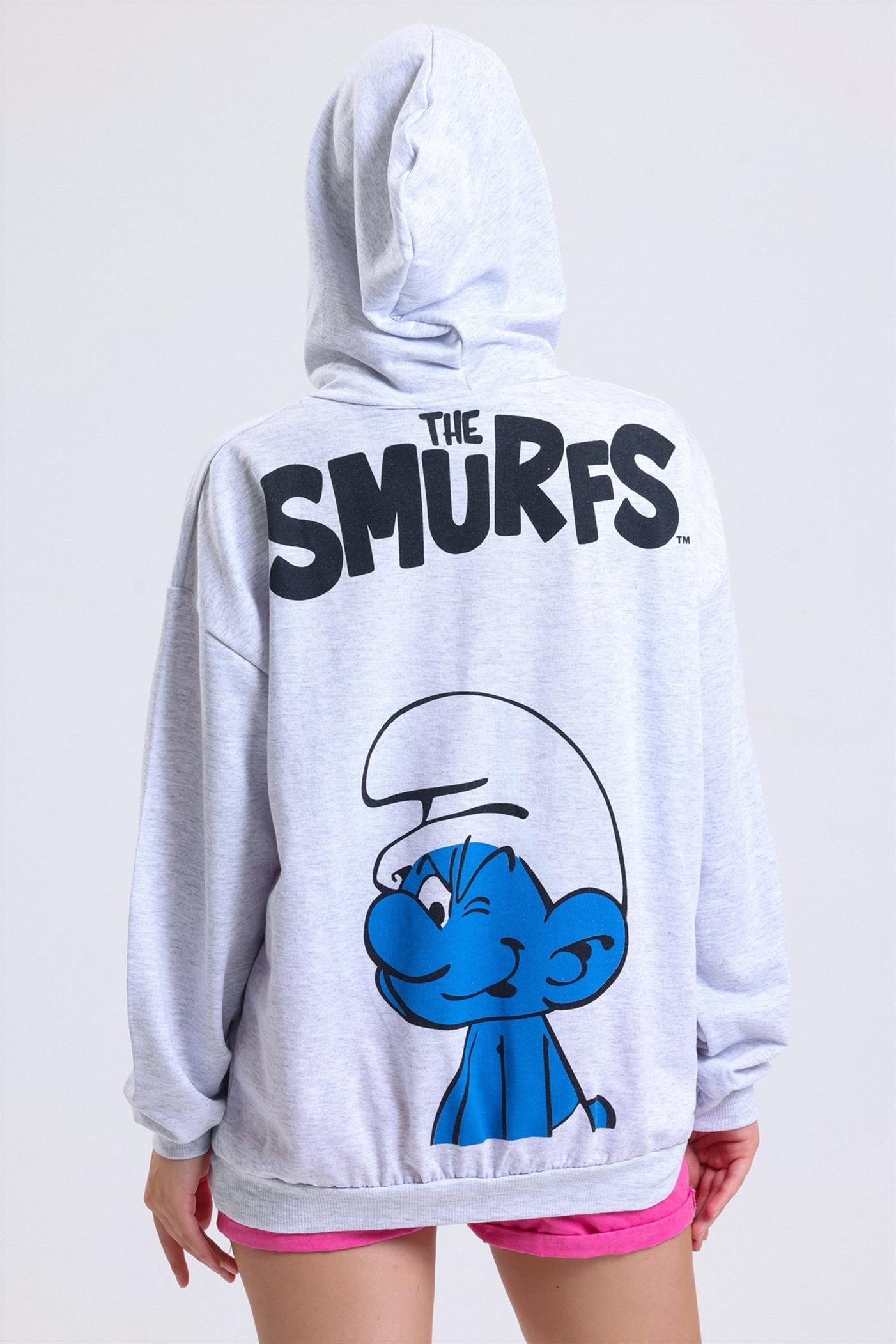 Kadın Ön Ve Sırt Smurfs Baskılı Kanguru Cepli Kapüşonlu Oversize Sweatshirt - Gri
