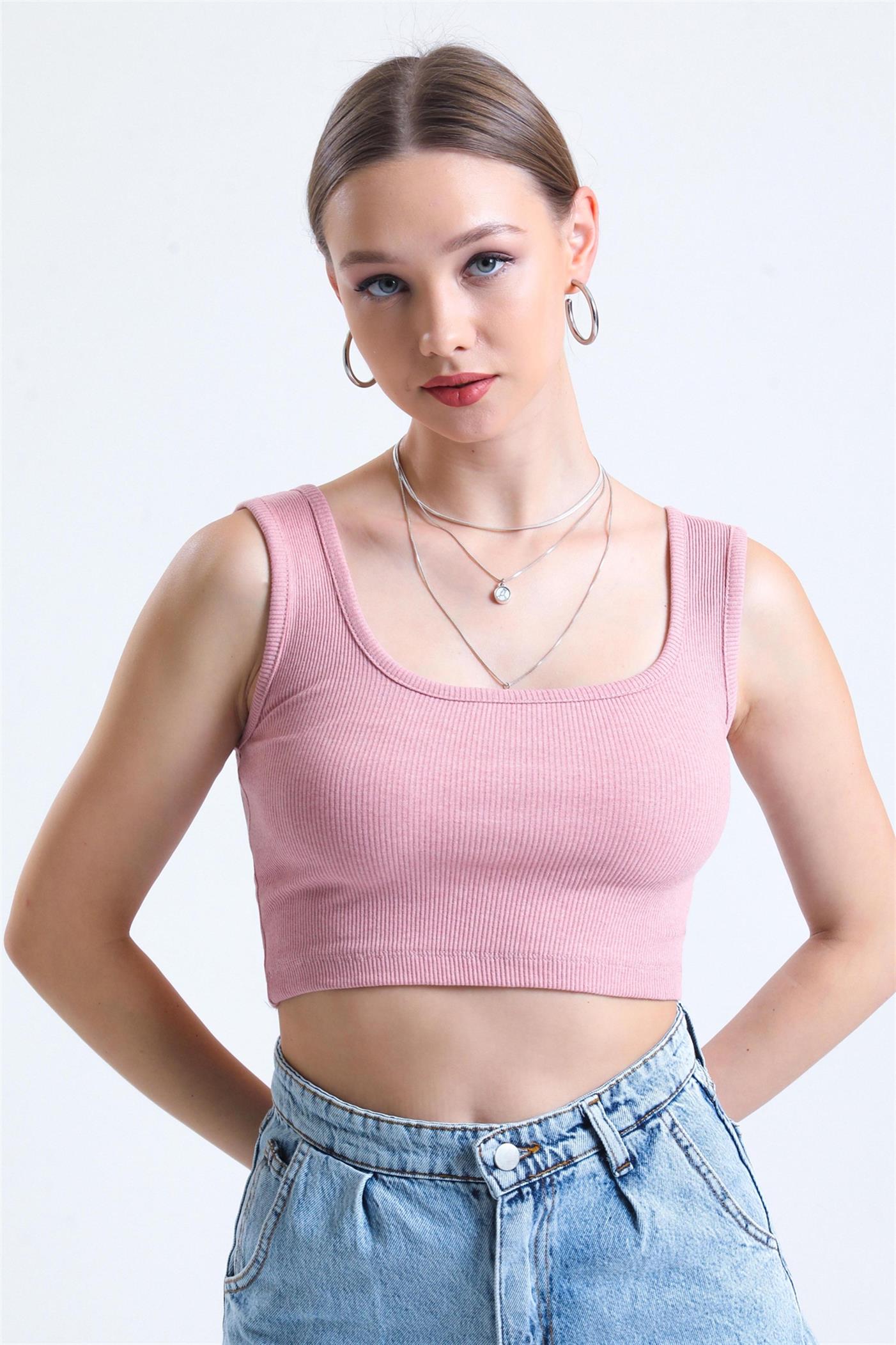 Kare Yaka Basic Fitilli Süper Crop Atlet - Gül Kurusu
