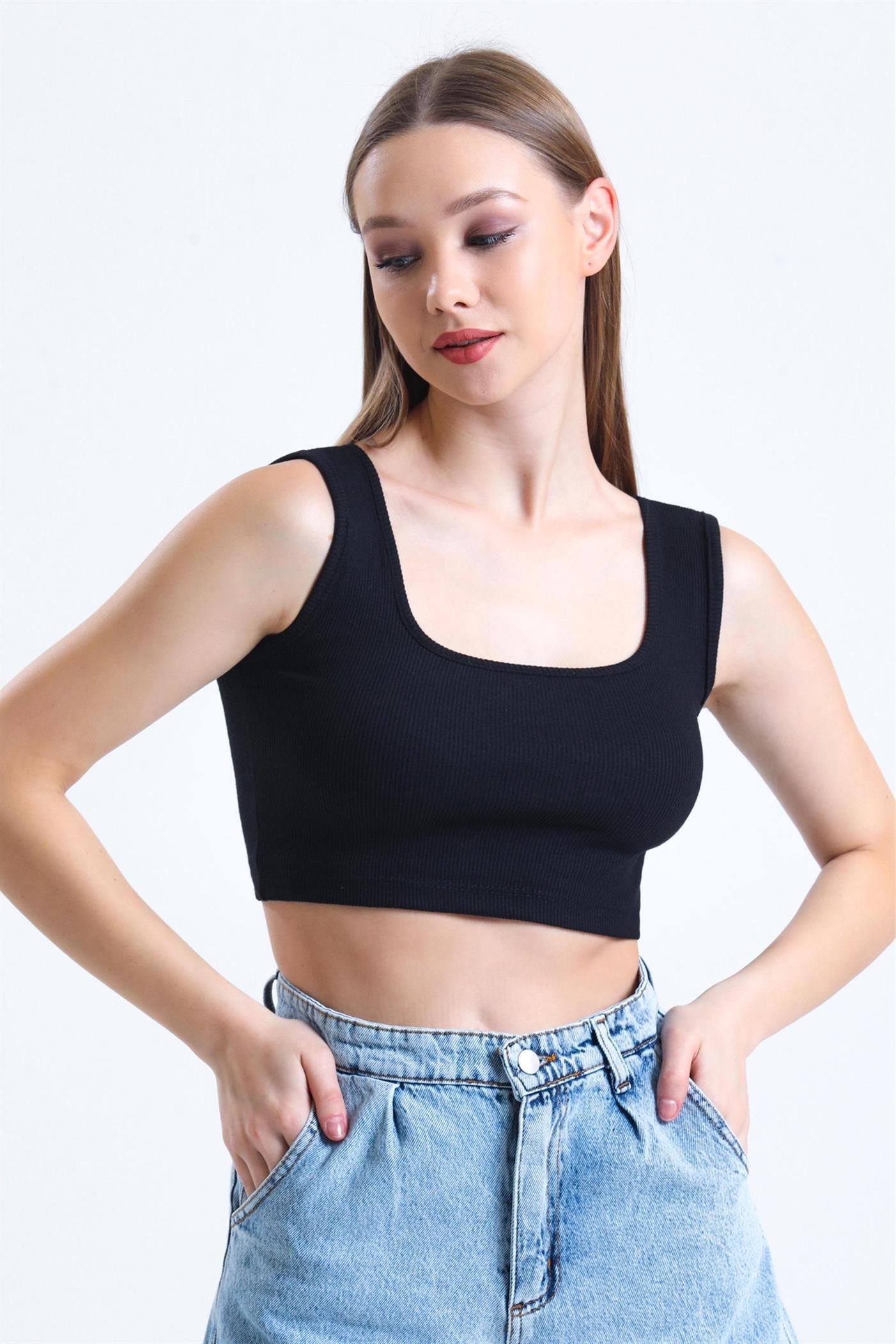 Kare Yaka Basic Fitilli Süper Crop Atlet - Siyah
