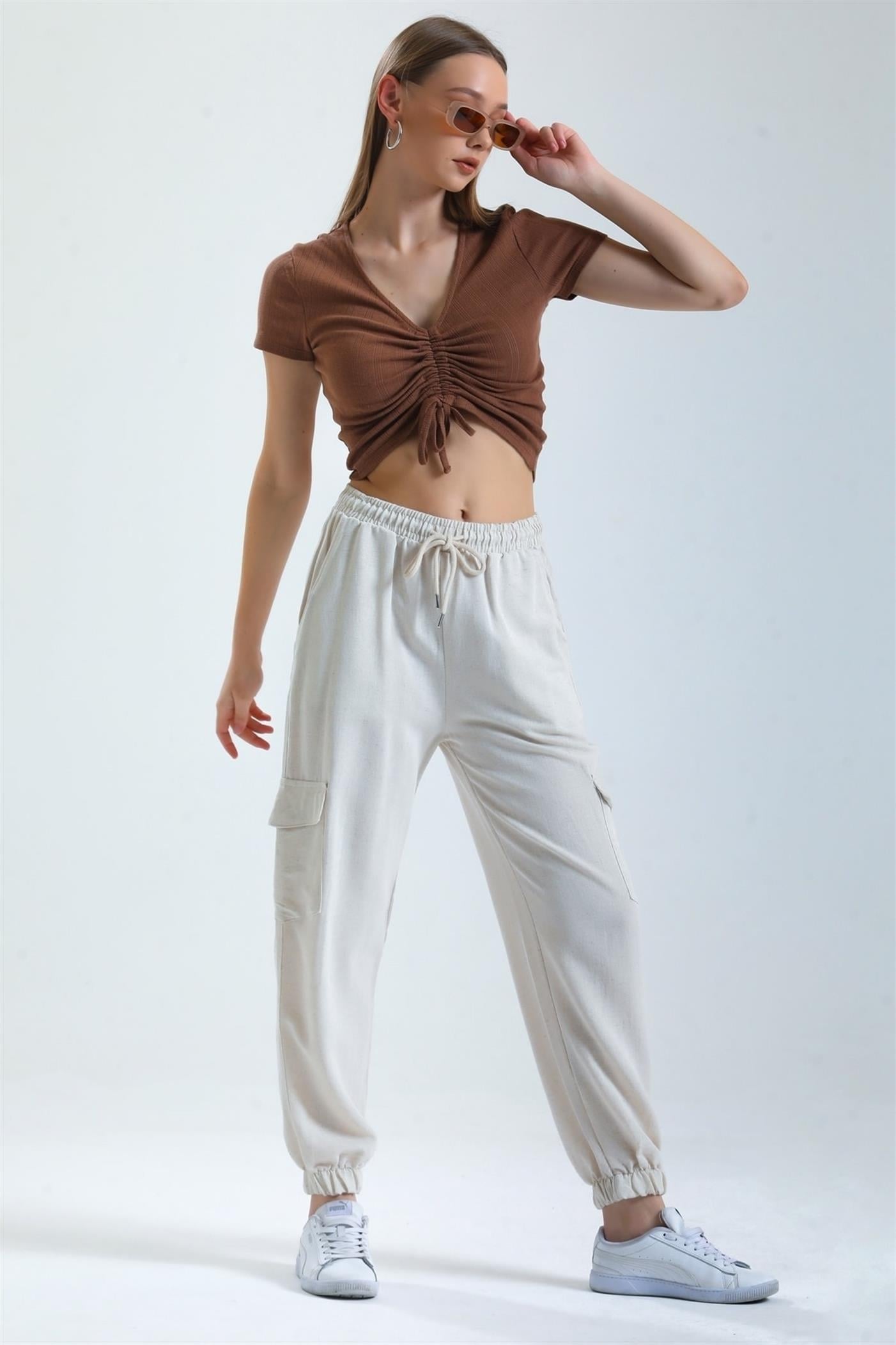 Kargo Cepli Bel Lastikli Bağcıklı Jogger Keten Pantolon - Taş