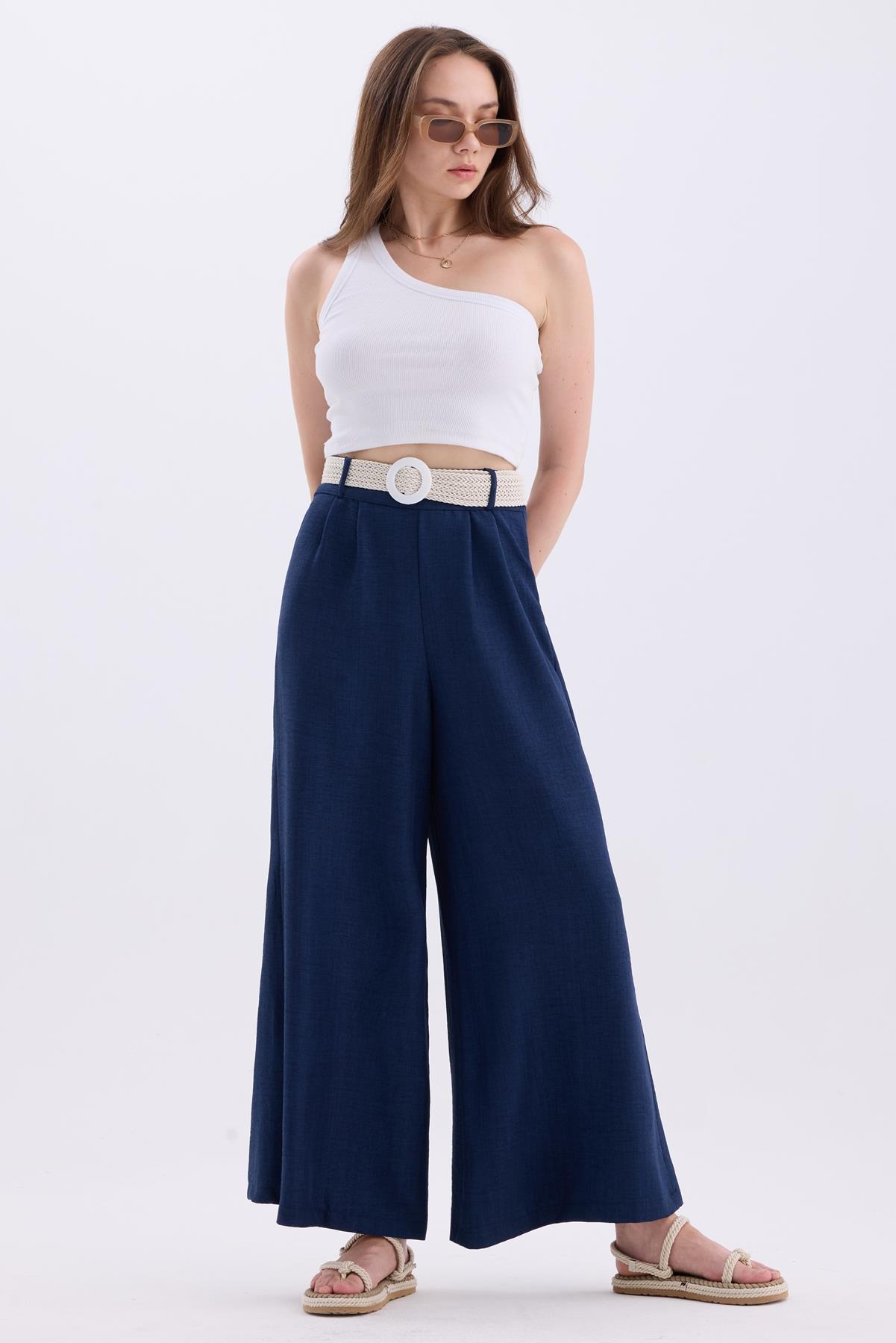 Kemerli Bel Lastikli Bol Paça Keten Karışımlı Salaş Yazlık Pantolon - Lacivert