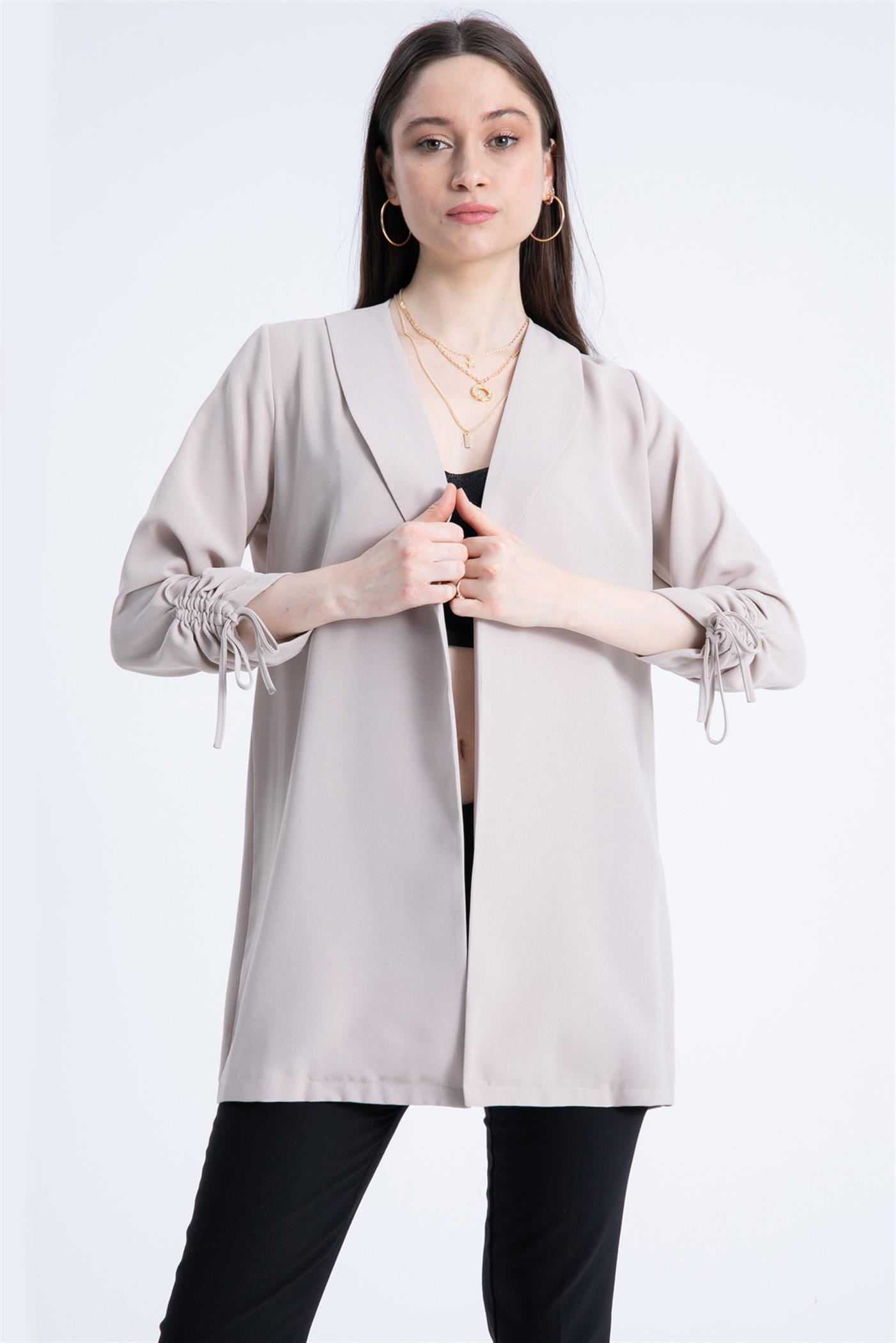 Kolu Büzgülü Oversize Blazer Ceket - Bej