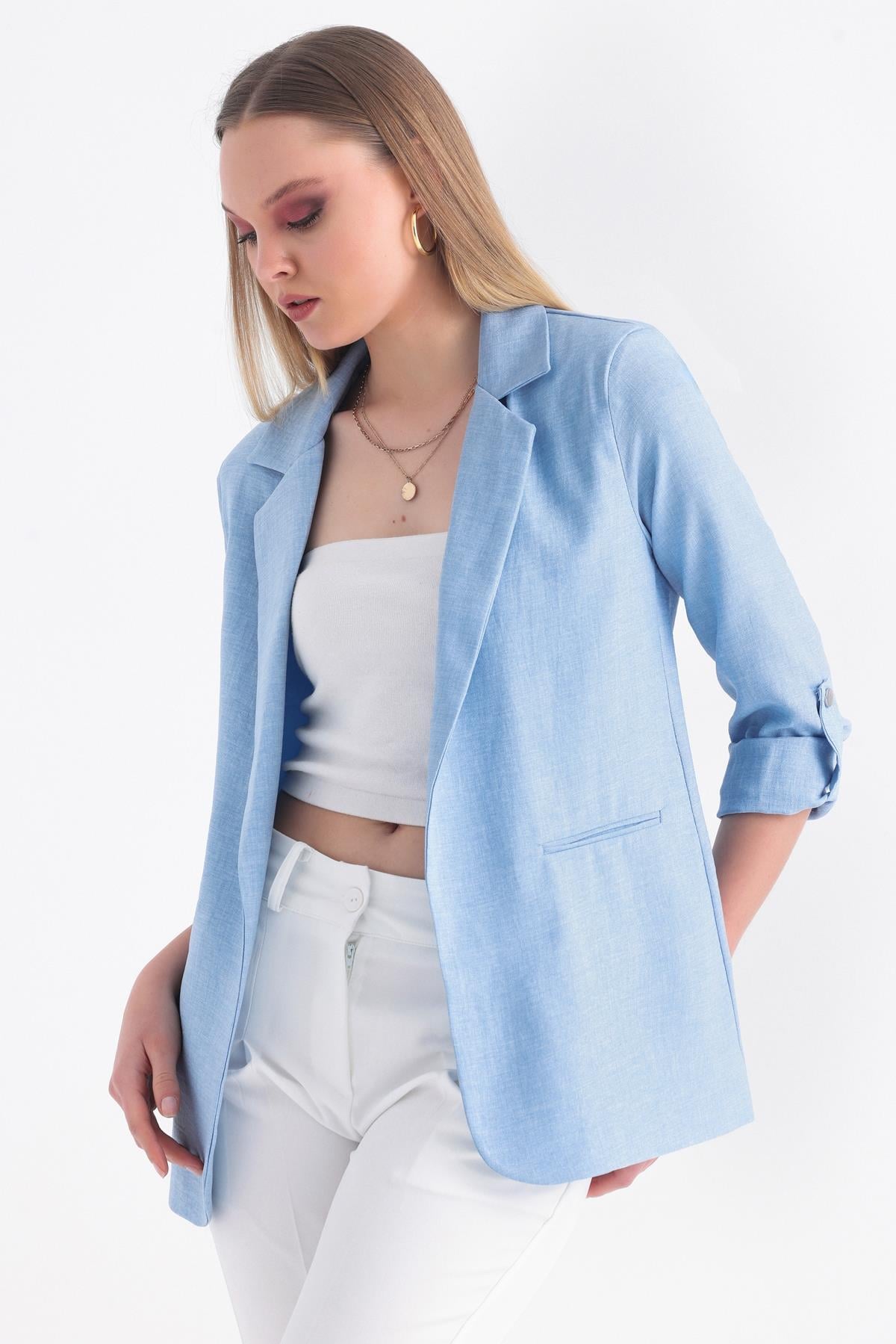 Kolu Katlanabilir Astarlı Blazer Keten Aerobin Ceket - Buz Mavi