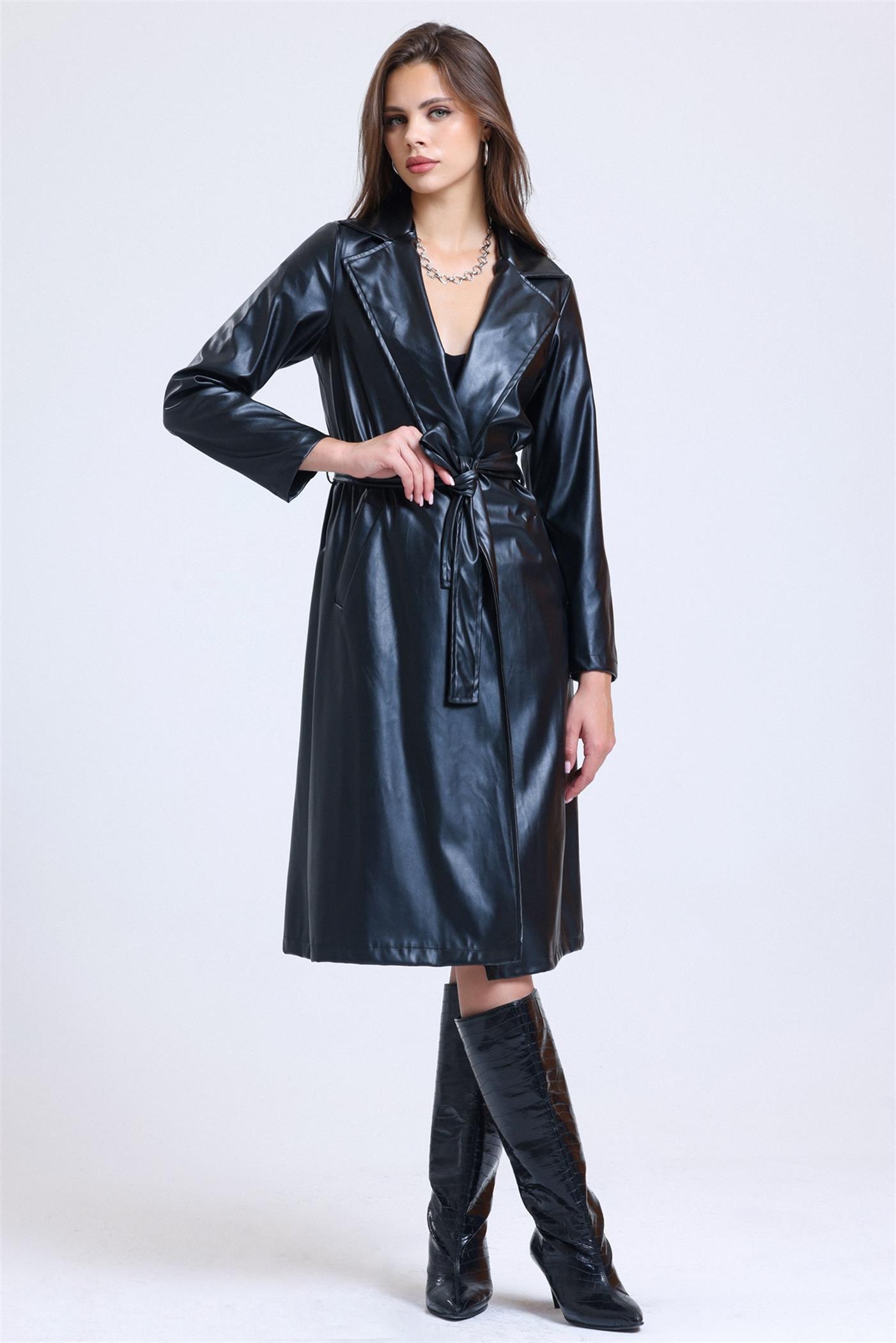 Kuşaklı Astarlı Kruvaze Yaka Deri Trençkot - Siyah