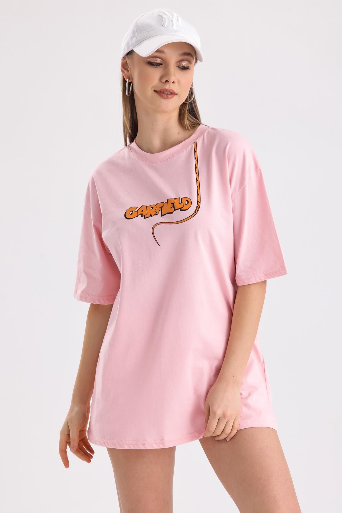 Ön Ve Sırt Garfield Baskılı Pamuklu Oversize Tişört - Pembe