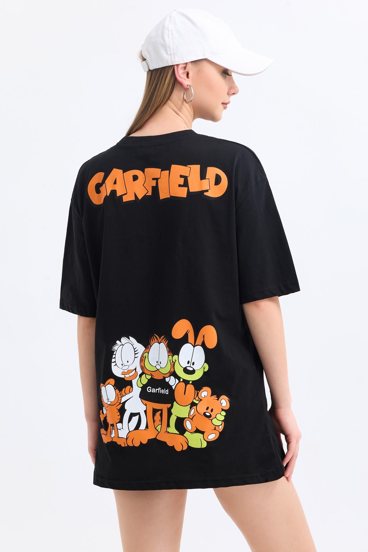 Ön Ve Sırt Garfield Family Baskılı Pamuklu Oversize Tişört - Siyah