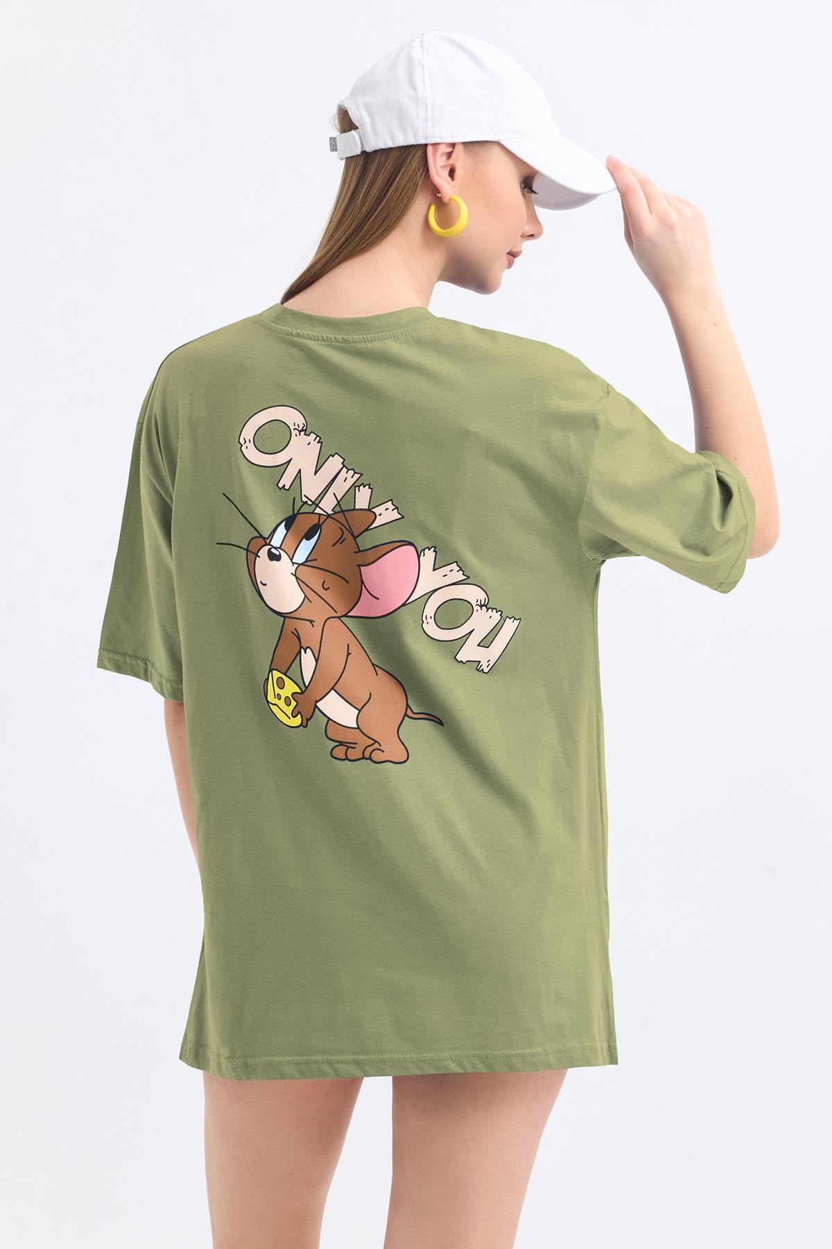 Ön Ve Sırt Jerry Baskılı Pamuklu Oversize Tişört - Olive