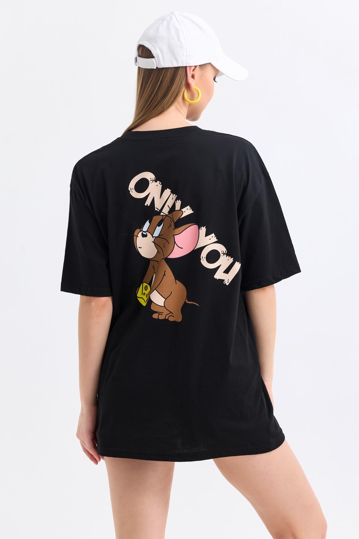 Ön Ve Sırt Jerry Baskılı Pamuklu Oversize Tişört - Siyah