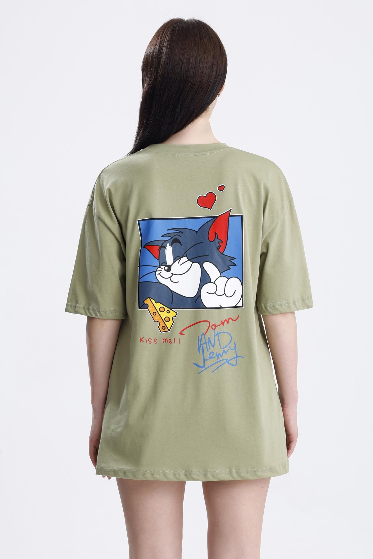 Ön Ve Sırt Tom Baskılı Pamuklu Oversize Tişört - Olive