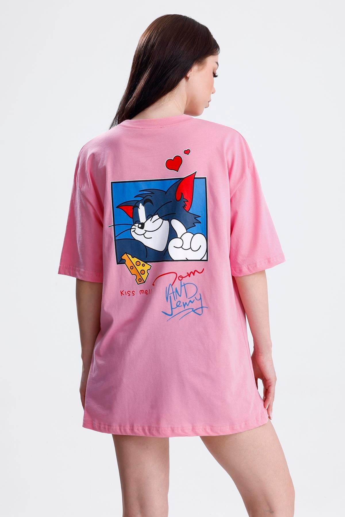 Ön Ve Sırt Tom Baskılı Pamuklu Oversize Tişört - Pembe