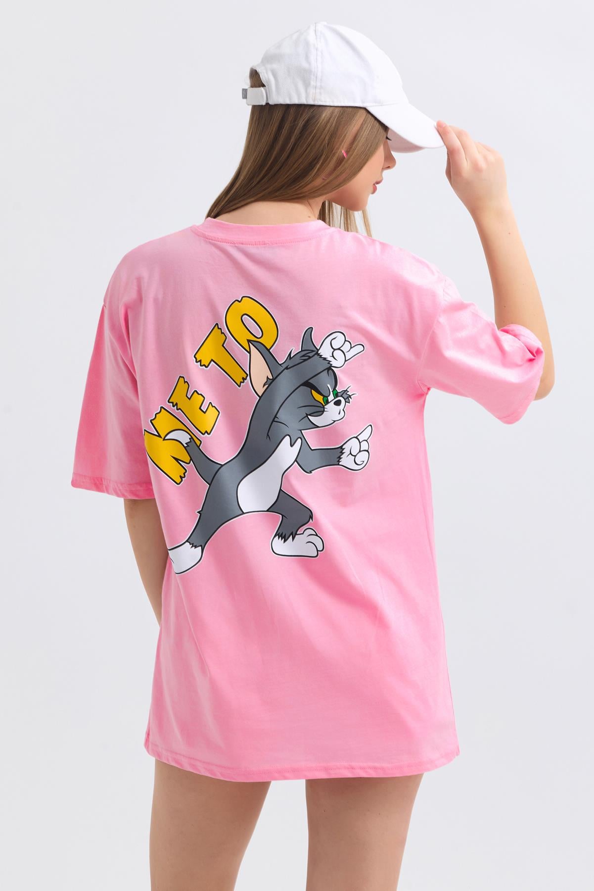 Ön Ve Sırt Tom Jerry Baskılı Pamuklu Oversize Tişört - Pembe