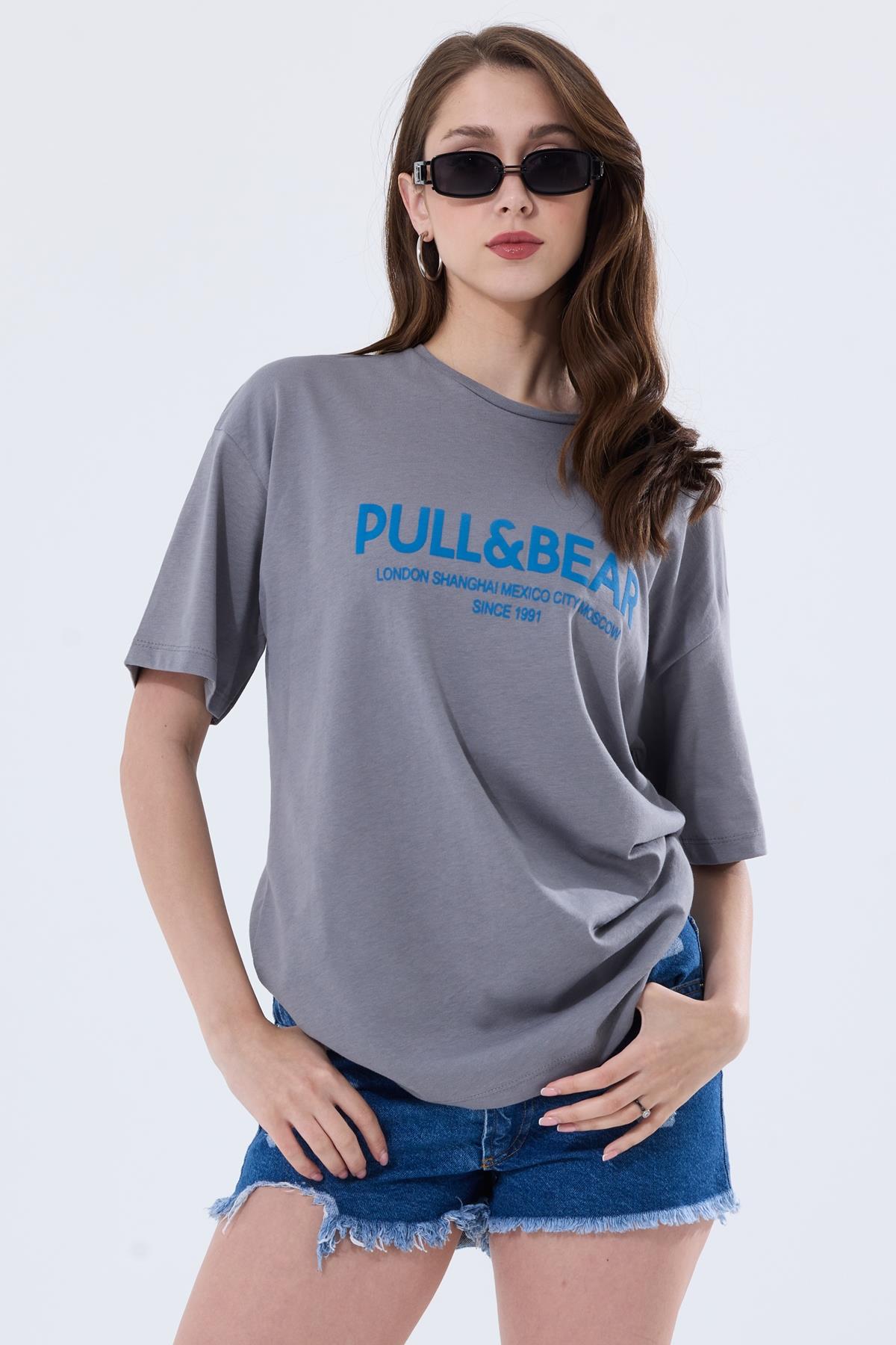 Önü Baskılı Pamuklu Basic Oversize Tişört - Antrasit