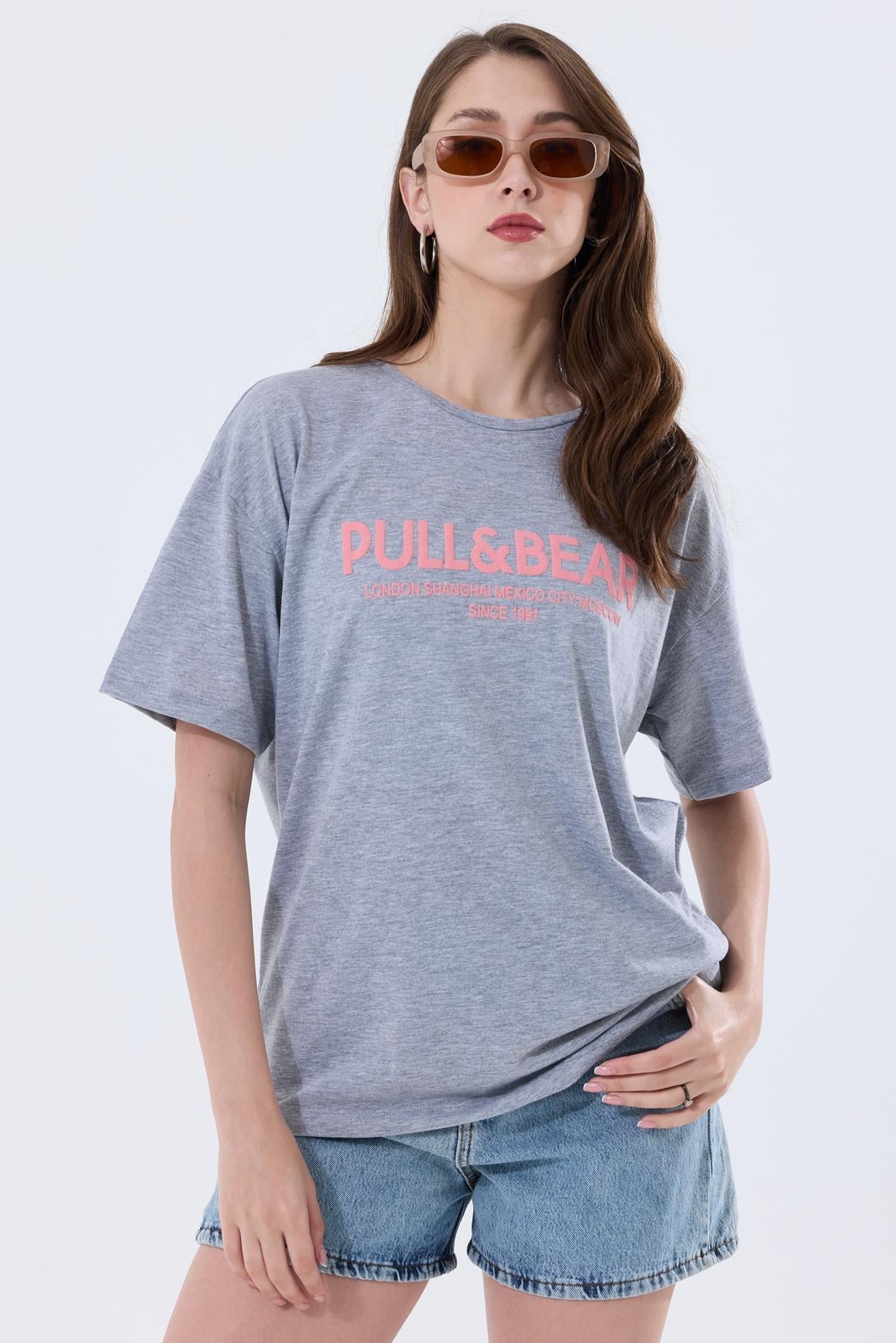 Önü Baskılı Pamuklu Basic Oversize Tişört - Gri