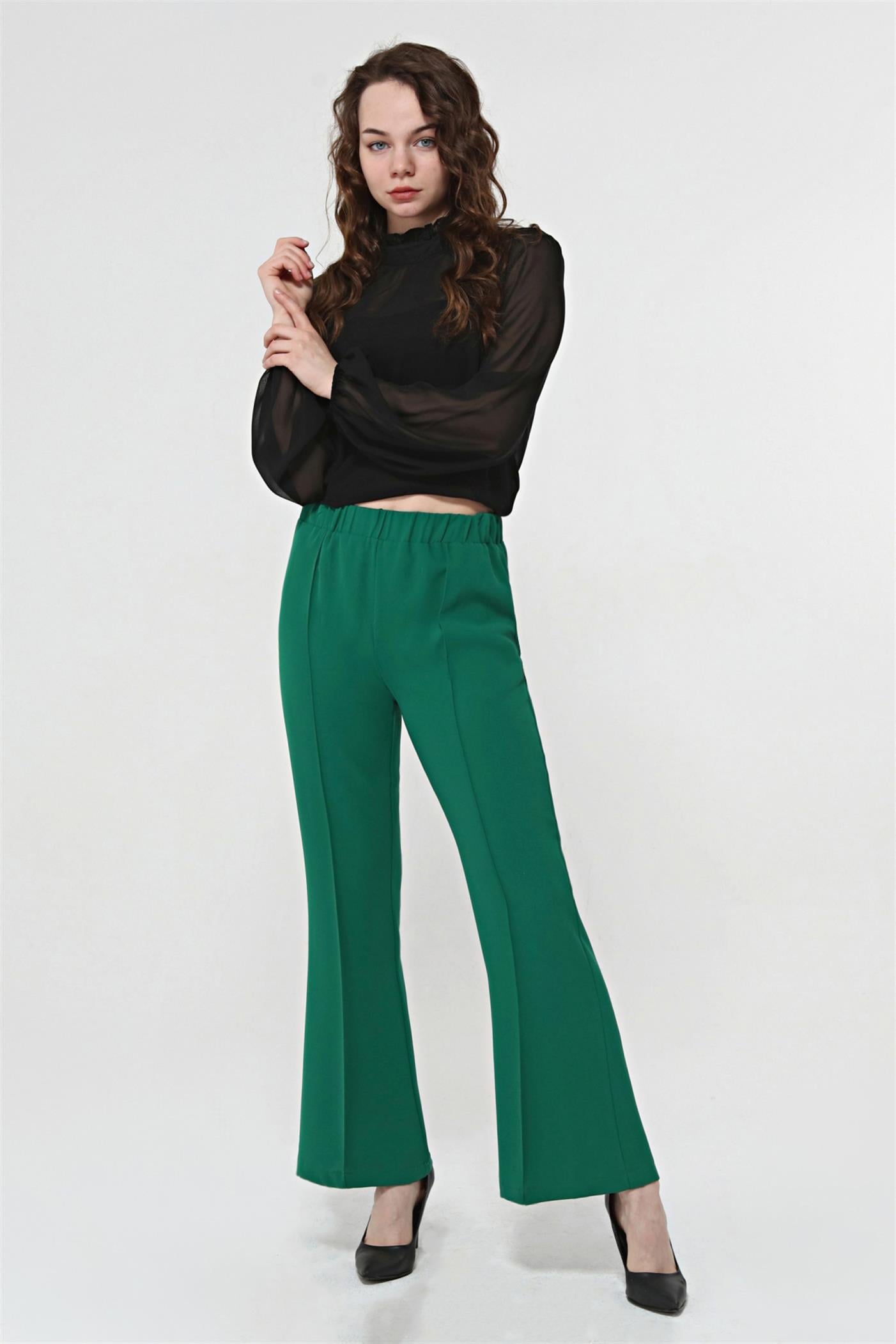 Önü Dikişli Yüksek Bel İspanyol Paça Pantolon - Yeşil
