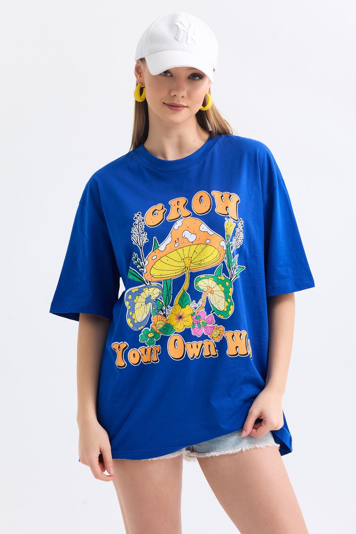 Önü Grow Baskılı Pamuklu Oversize Tişört - Mavi