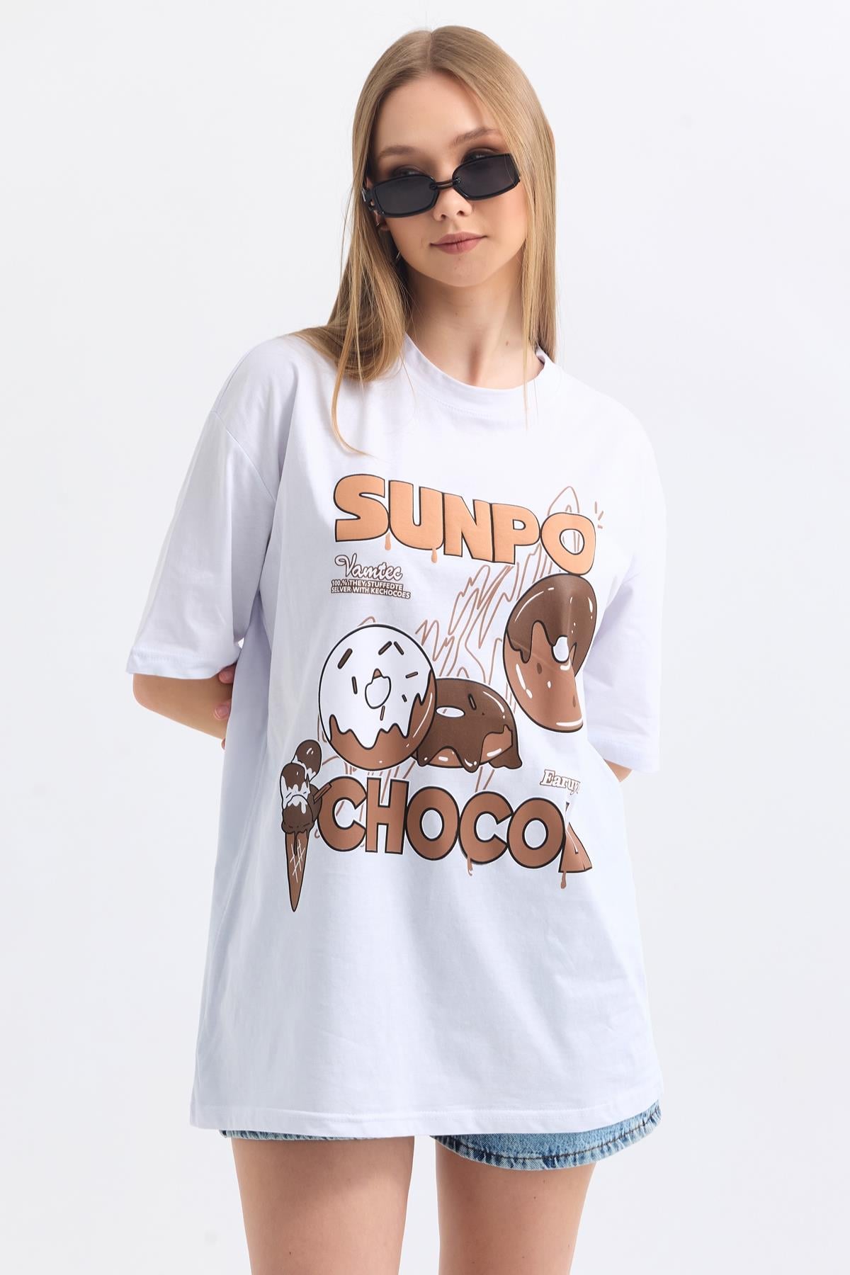 Önü Sunpo Baskılı Pamuklu Oversize Tişört - Beyaz