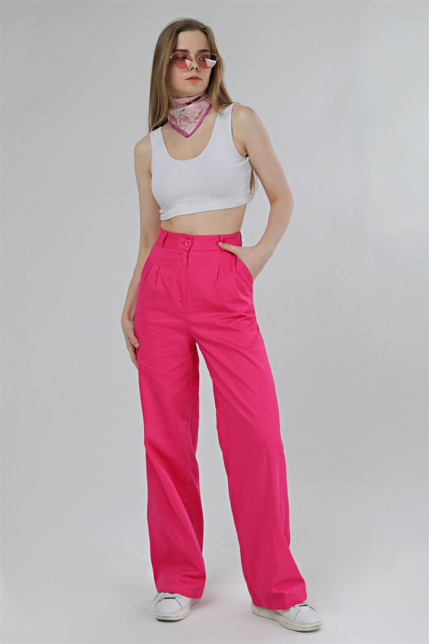 Pileli Yüksek Bel Gabardin Palazzo Pantolon - Fuşya