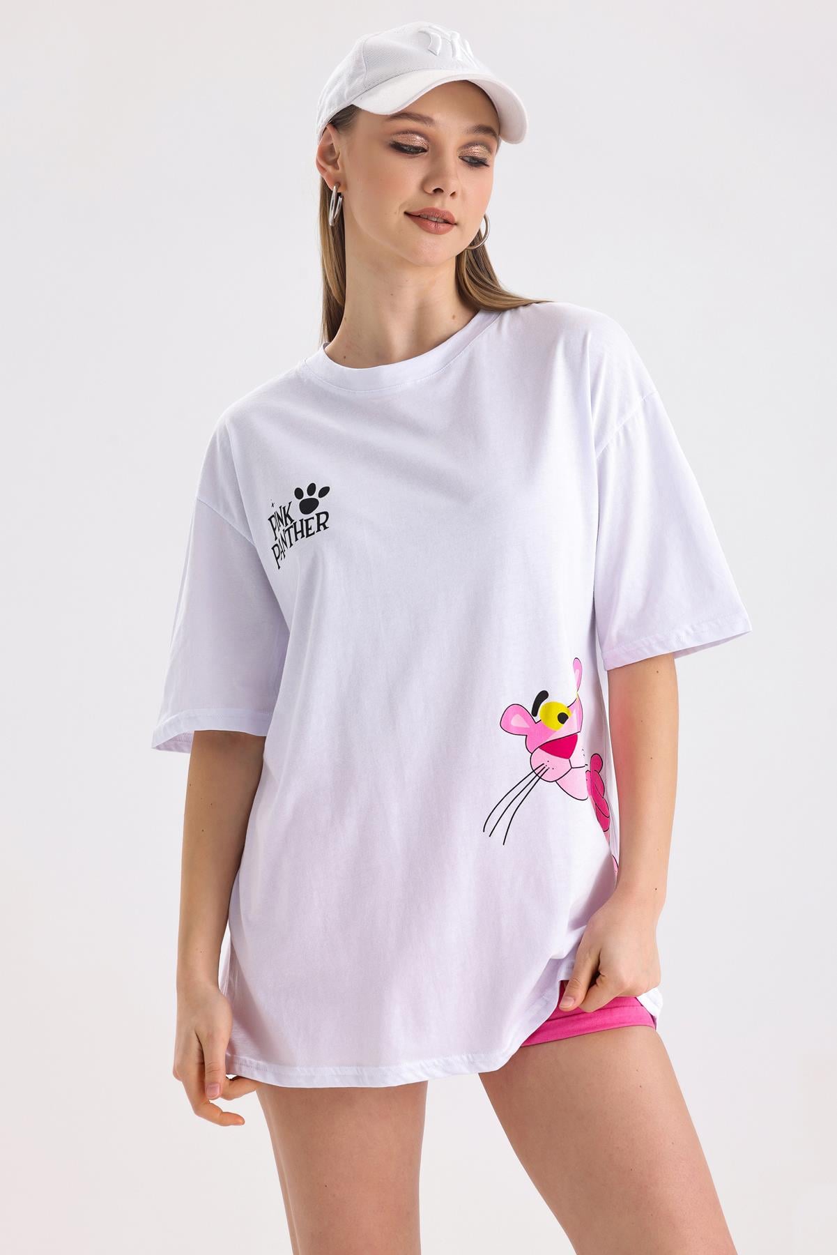 Pink Panter Baskılı Pamuklu Oversize Tişört - Beyaz