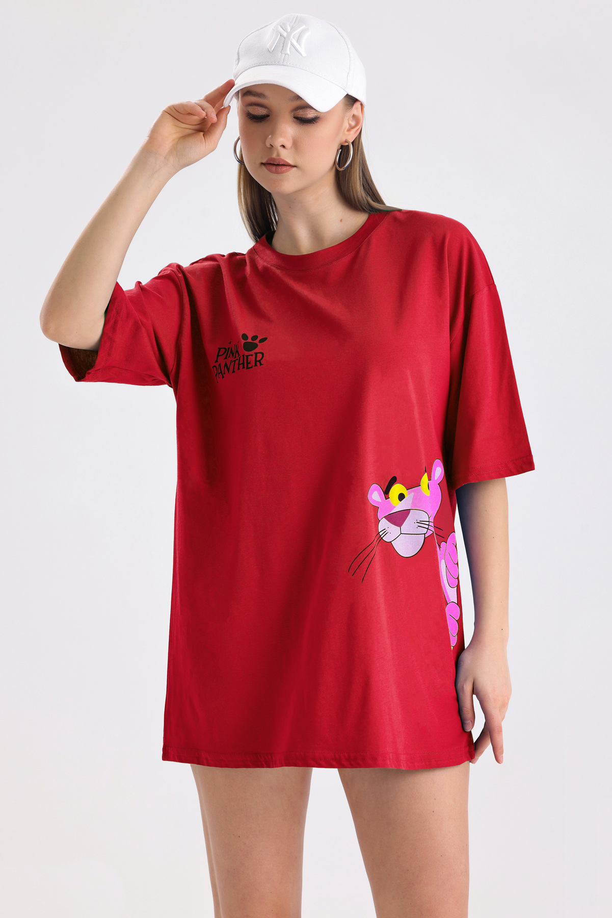 Pink Panter Baskılı Pamuklu Oversize Tişört - Kırmızı
