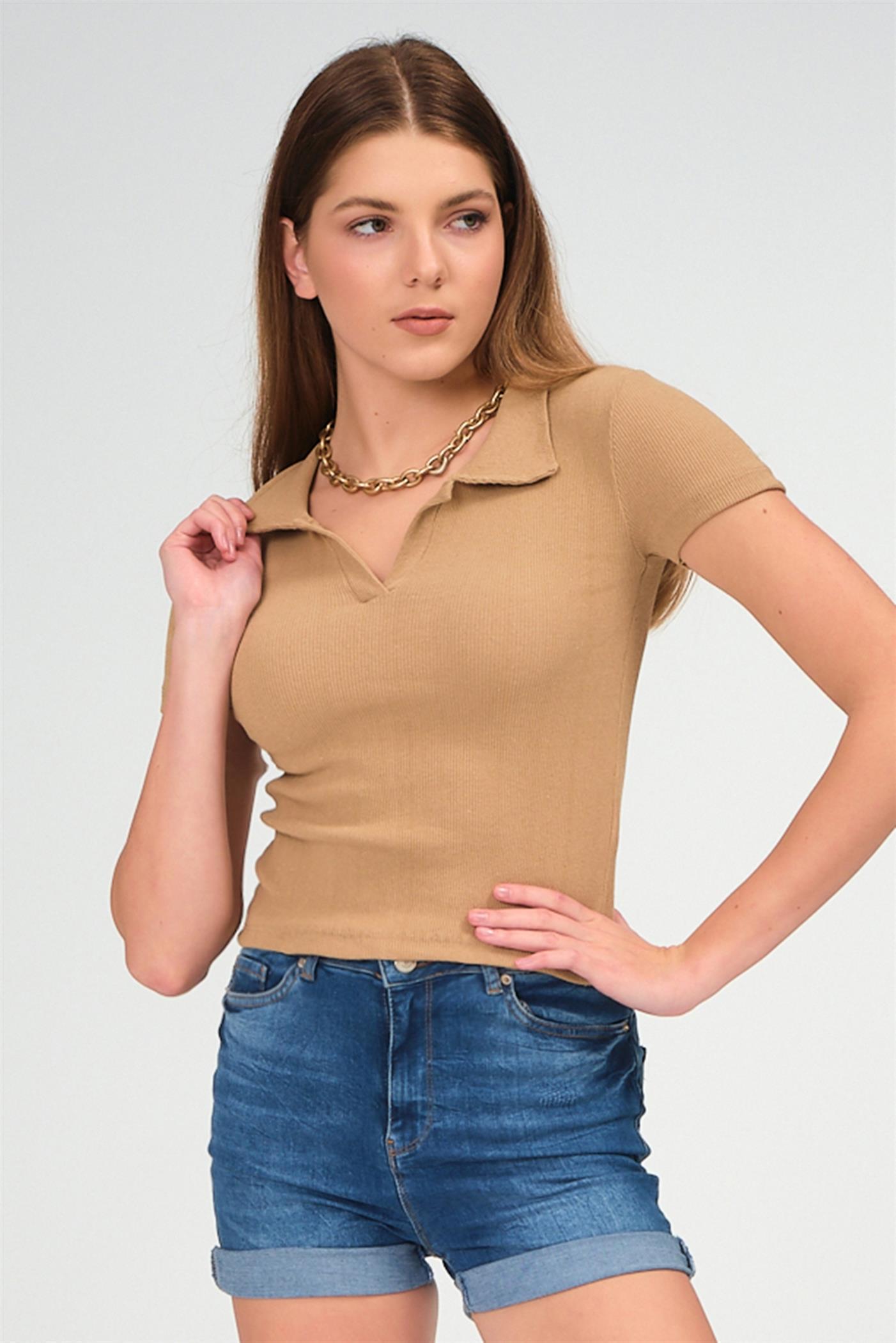 Polo Yaka Fitilli Crop Bluz - Bej