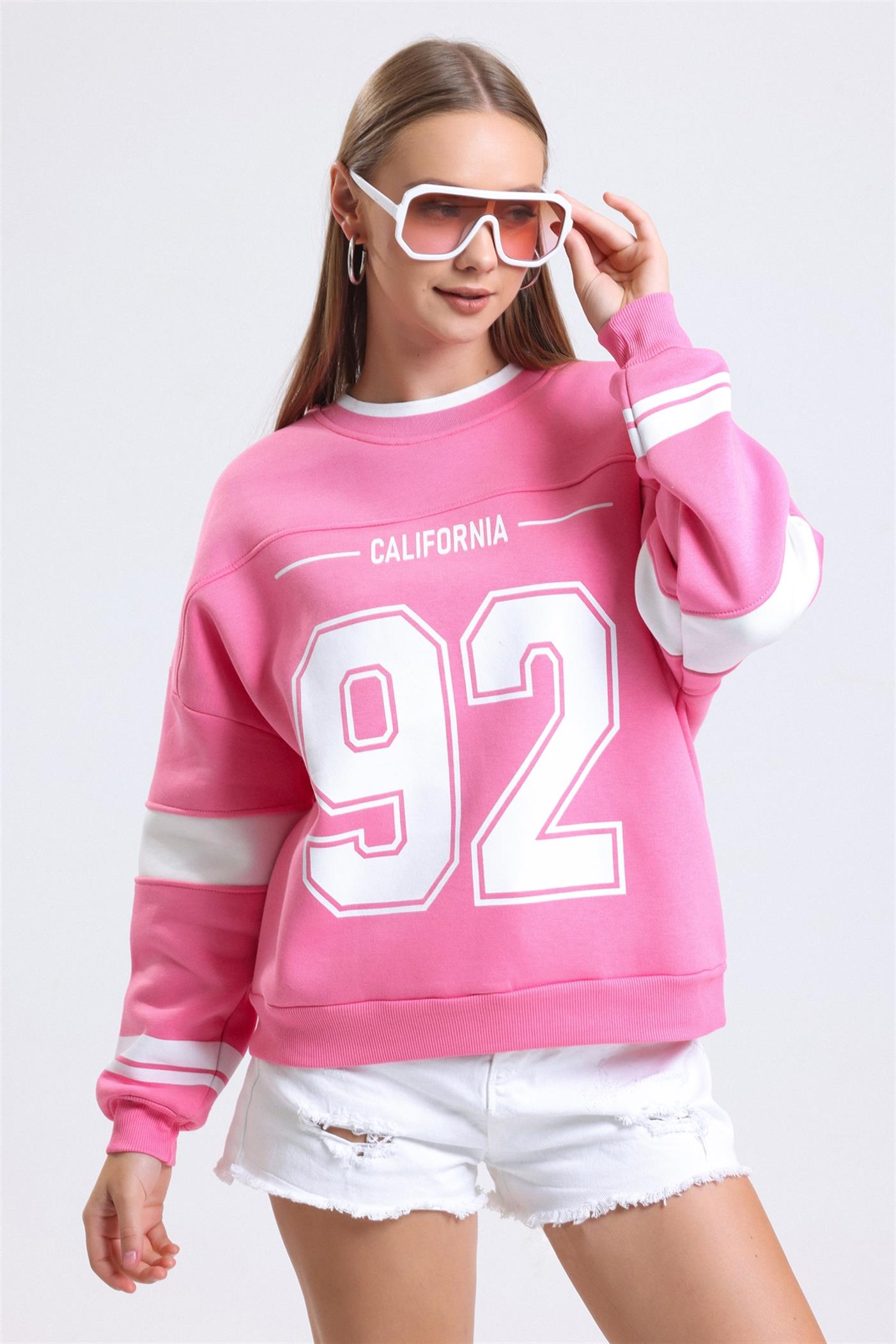 Renk Bloklu Yaka Ribanalı Baskılı Şardonlu Oversize Sweatshirt - Pembe