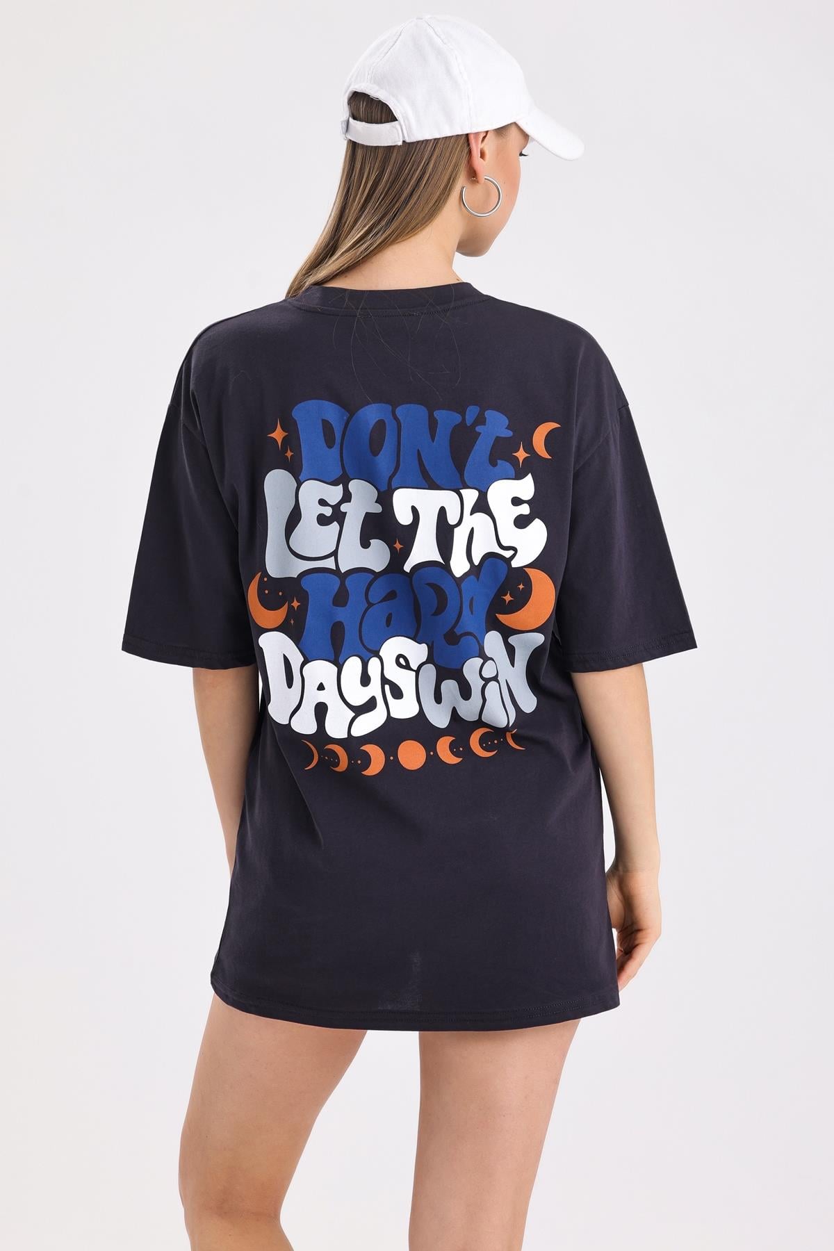 Sırt Baskılı Pamuklu Oversize Tişört - Antrasit