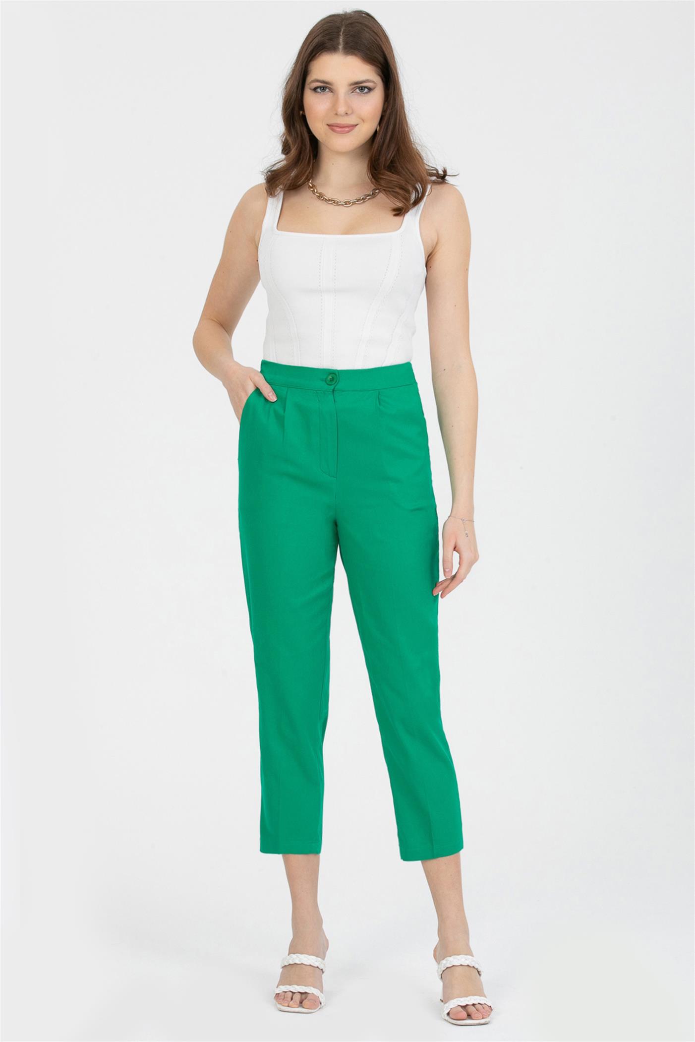 Yüksek Bel Pileli Bel Lastikli Crop Fit Gabardin Pantolon - Yeşil