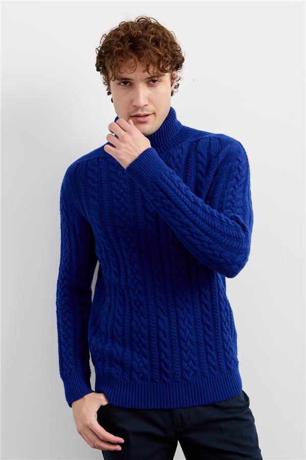 Мужская водолазка вязаный шерстяной свитер темно-синий