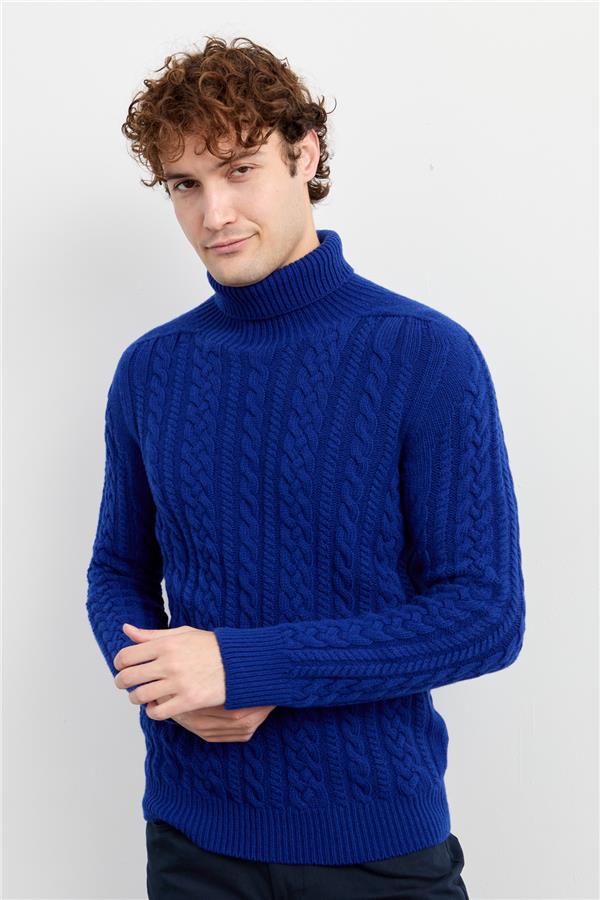 Мужская водолазка вязаный шерстяной свитер темно-синий