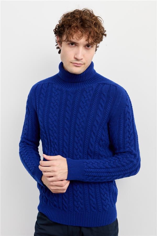 Мужская водолазка вязаный шерстяной свитер темно-синий
