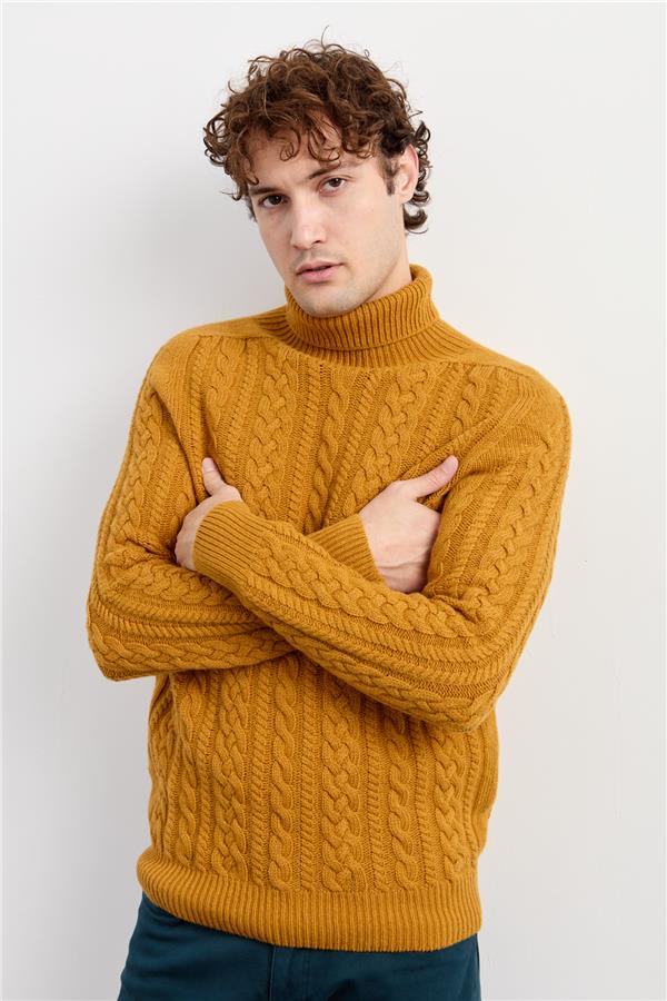Мужская водолазка вязаный шерстяной свитер горчичный цвет