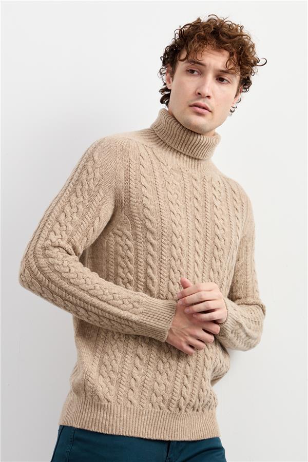 Мужская водолазка вязаный шерстяной свитер темно-бежевый