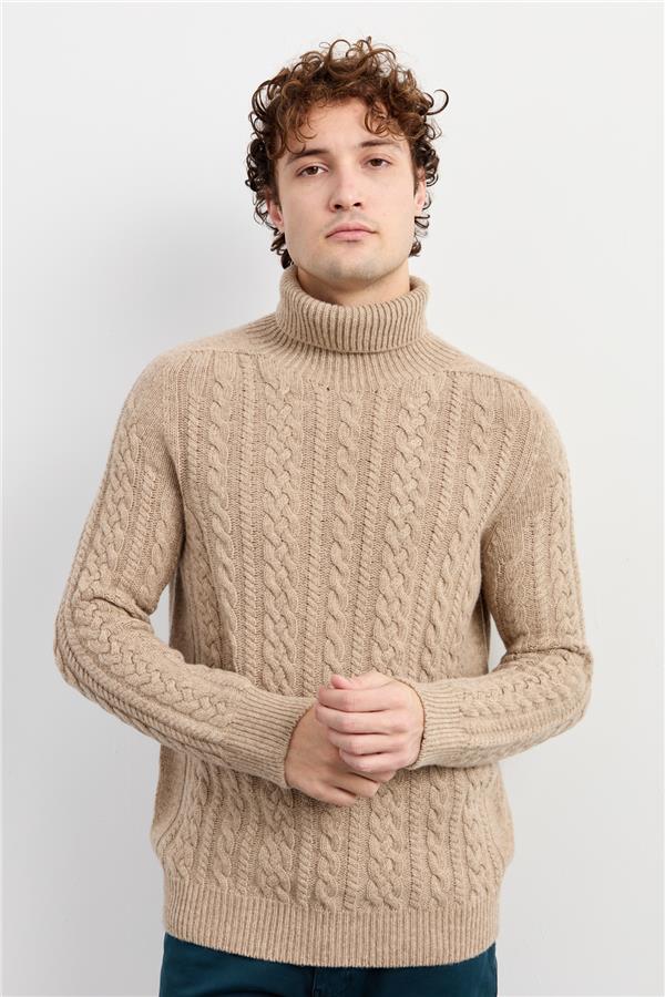 Мужская водолазка вязаный шерстяной свитер темно-бежевый