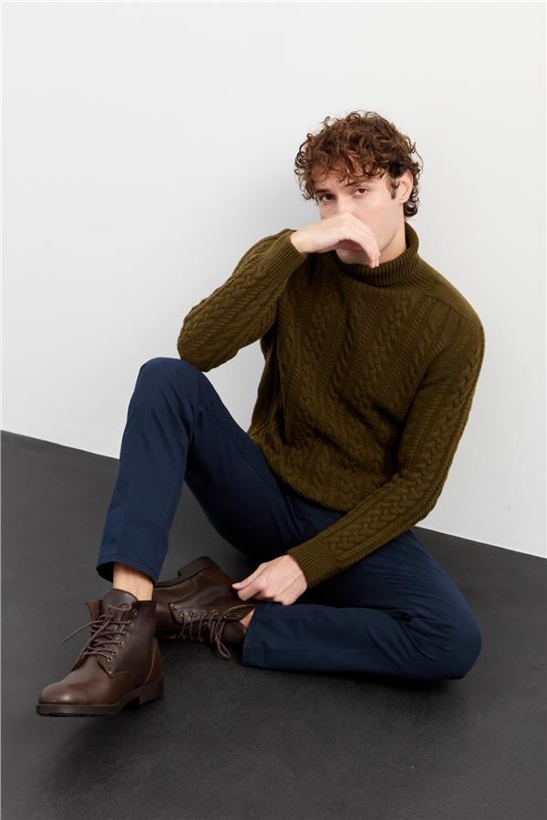 Мужская водолазка вязаный шерстяной свитер зеленый