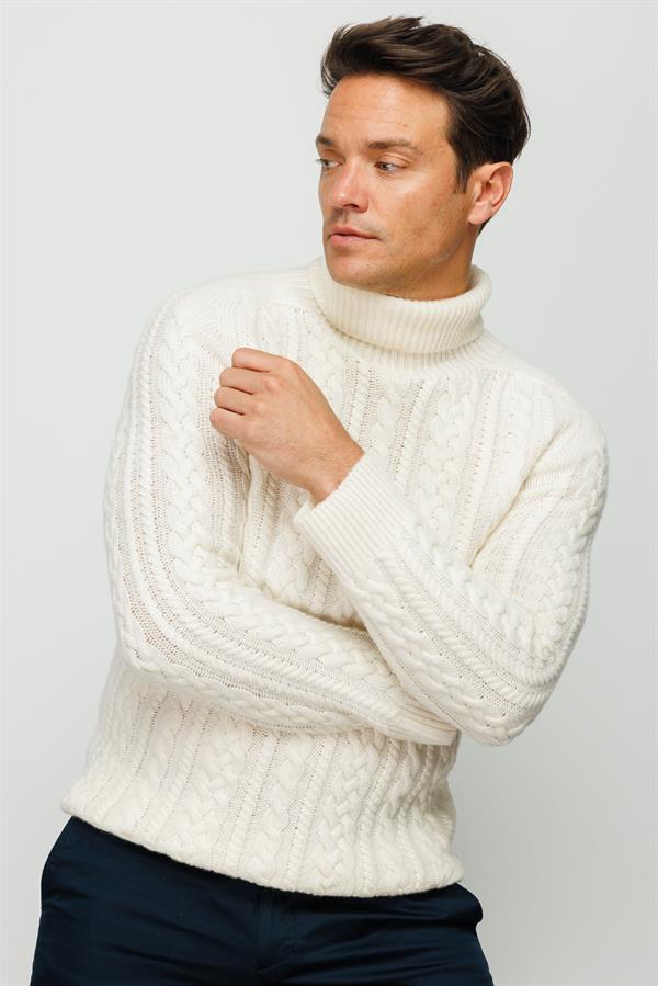 Мужская водолазка вязаный шерстяной свитер цвет кости