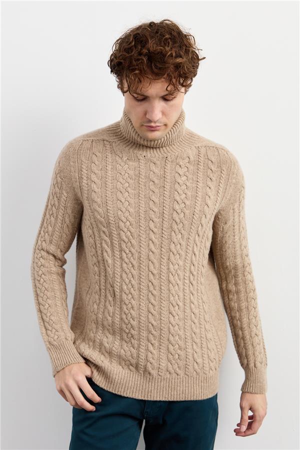 Мужская водолазка вязаный шерстяной свитер темно-бежевый