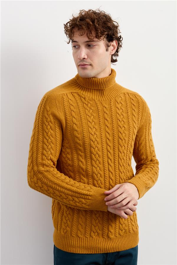 Мужская водолазка вязаный шерстяной свитер горчичный цвет
